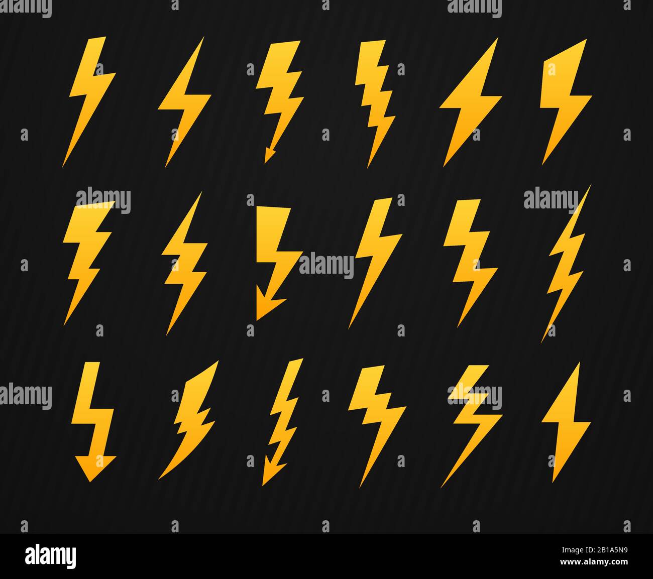 Yellow lightning silhouette. Electrical power high voltage, thunderbolt flash and energy lightnings silhouettes icons vector set Stock Vector