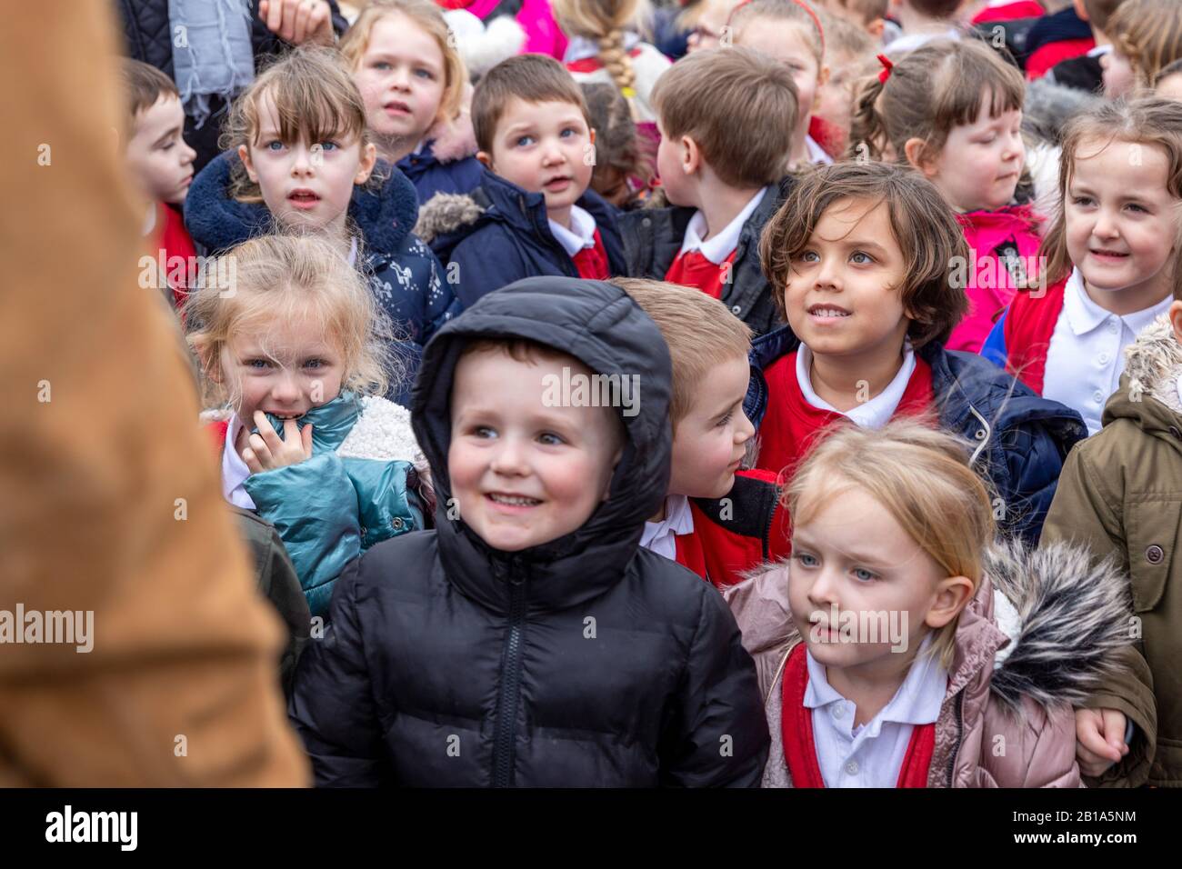 Essex, UK. 24th Feb 2020. Rylan Clark-Neal officially opens recently refurbished Chipping Ongar Primary School in Essex and is given a personal tour by some of the pupils. Credit: Ricci Fothergill/Alamy Live News Stock Photo