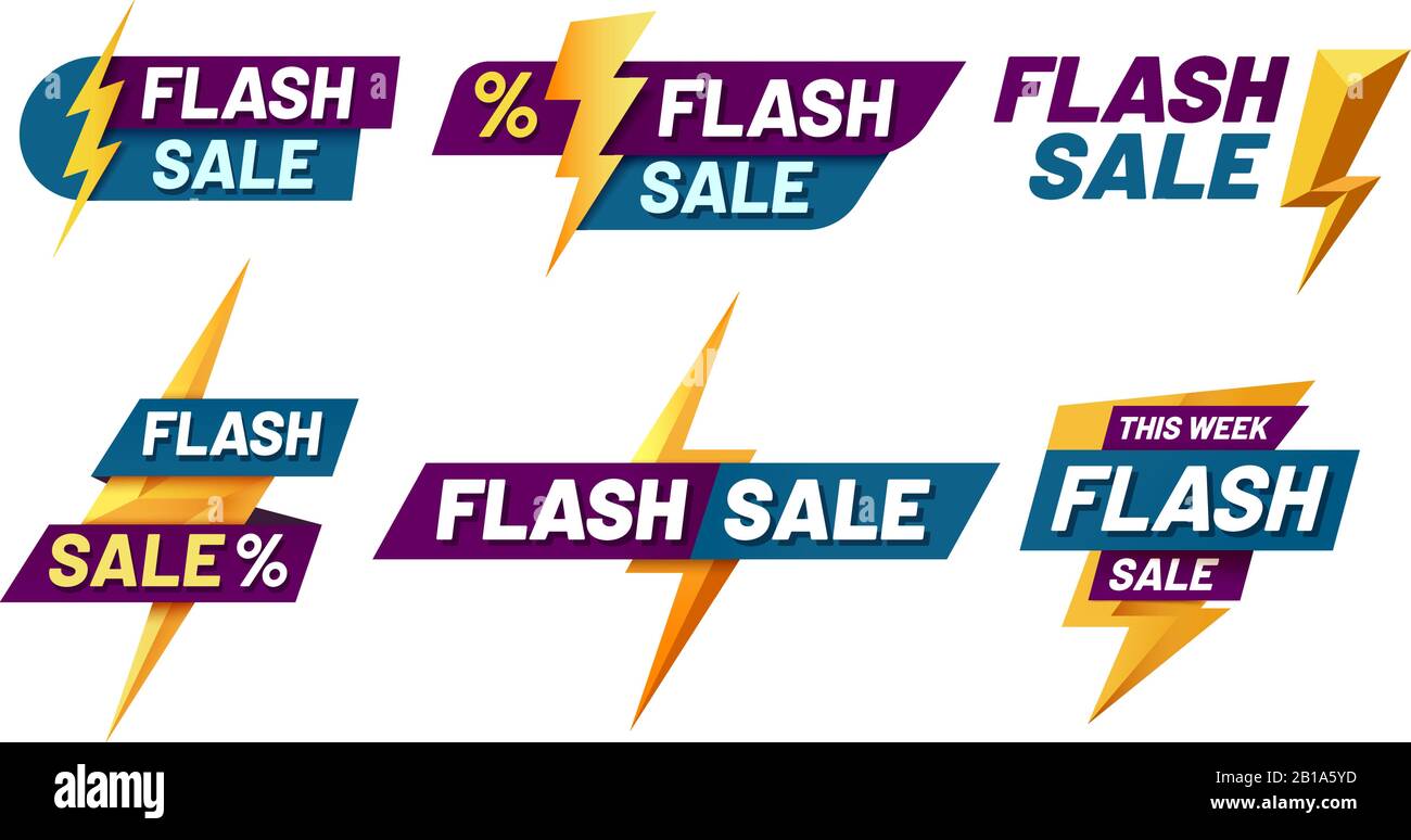 Flash sale badges. Lightning bolt offer, flashes sales badge and trendy shopping offers vector illustration set Stock Vector
