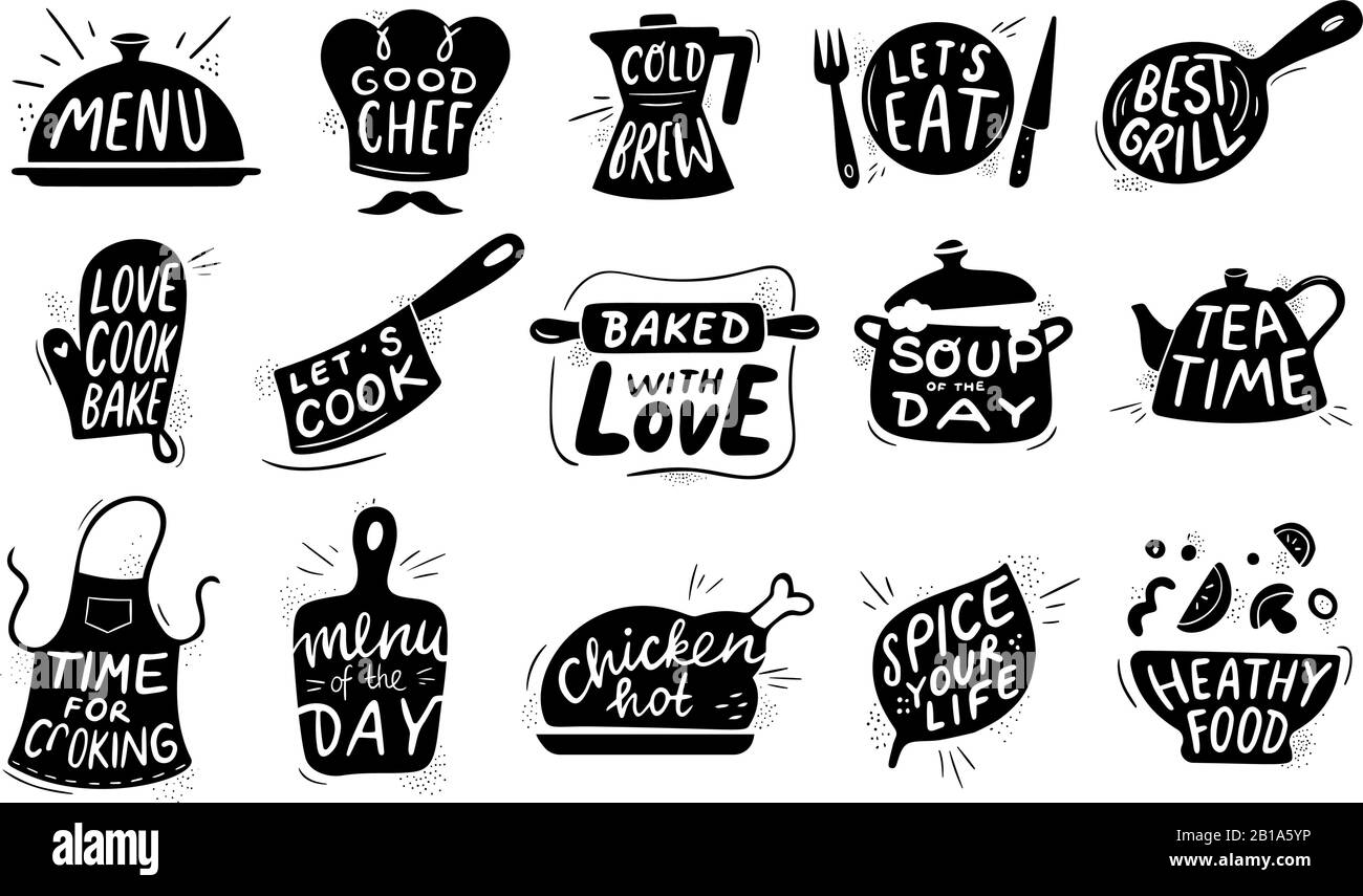 Kitchen food lettering. Gourmet cooking foods badge, chicken recipes cook and restaurant menu letterings vector illustration set Stock Vector