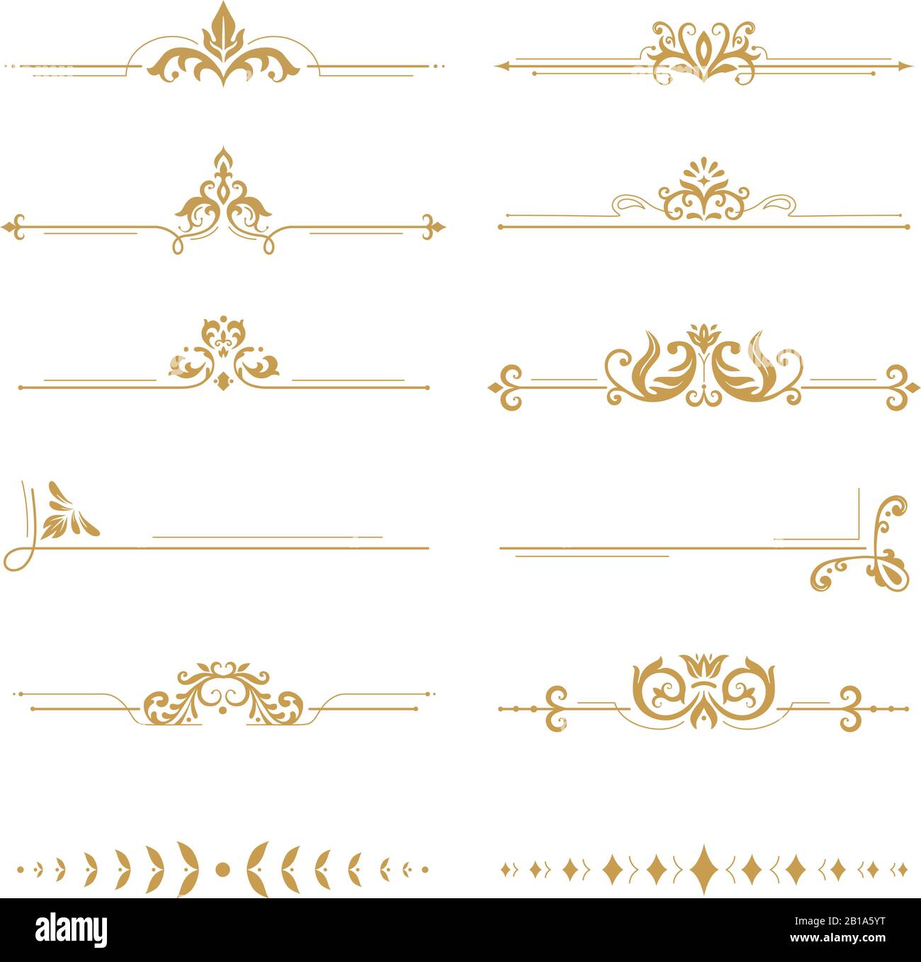 Elegant damask dividers. Vintage boutique flower divider, gold floral ornament and wedding book frames design elements vector set Stock Vector