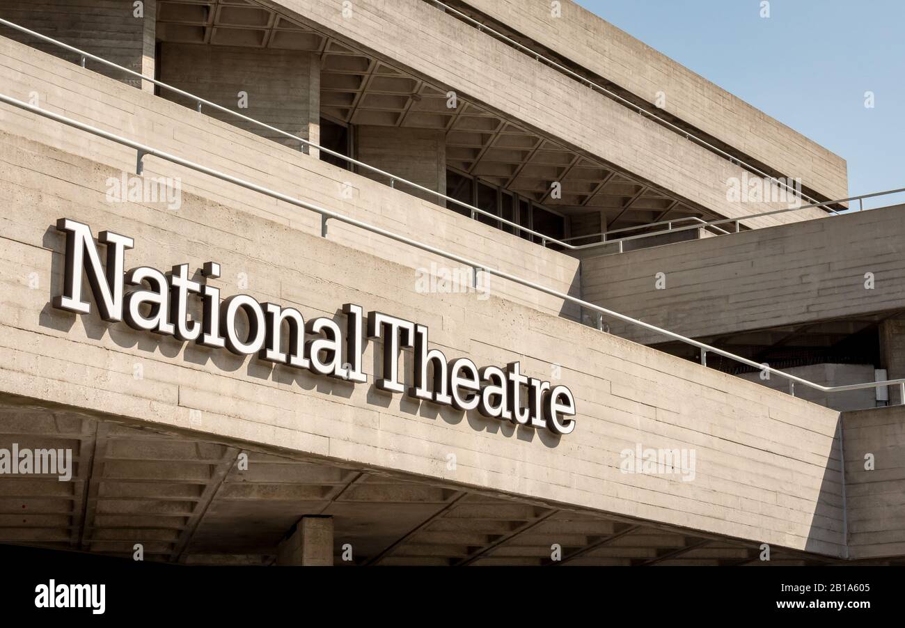 National Theatre, South Bank Centre, London. The signage and Brutalist architecture of one of the UK's most prominent performing arts venues. Stock Photo