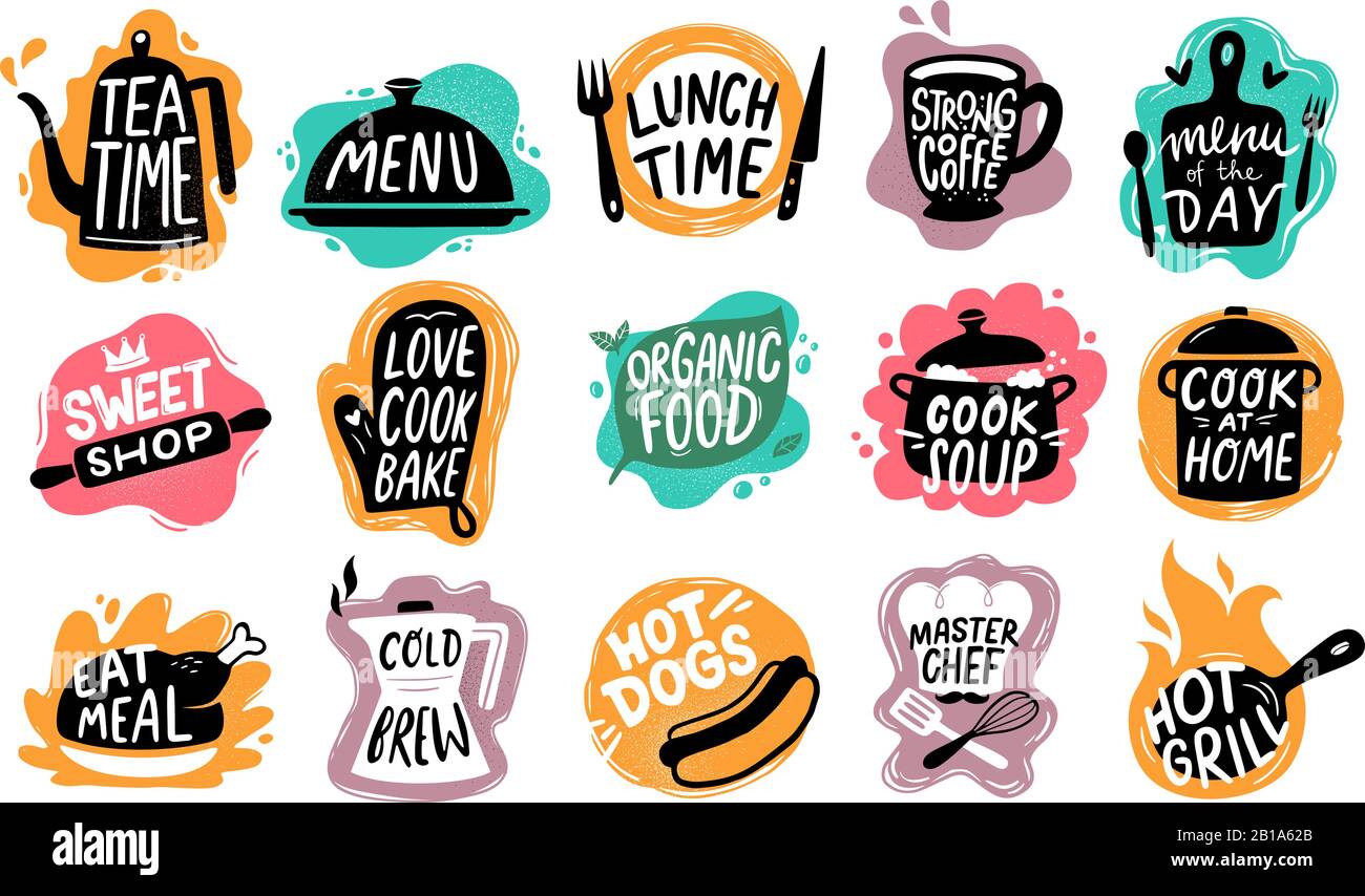 Food lettering. Bakery kitchen sweets, hot dogs badge and organic food logo vector set Stock Vector