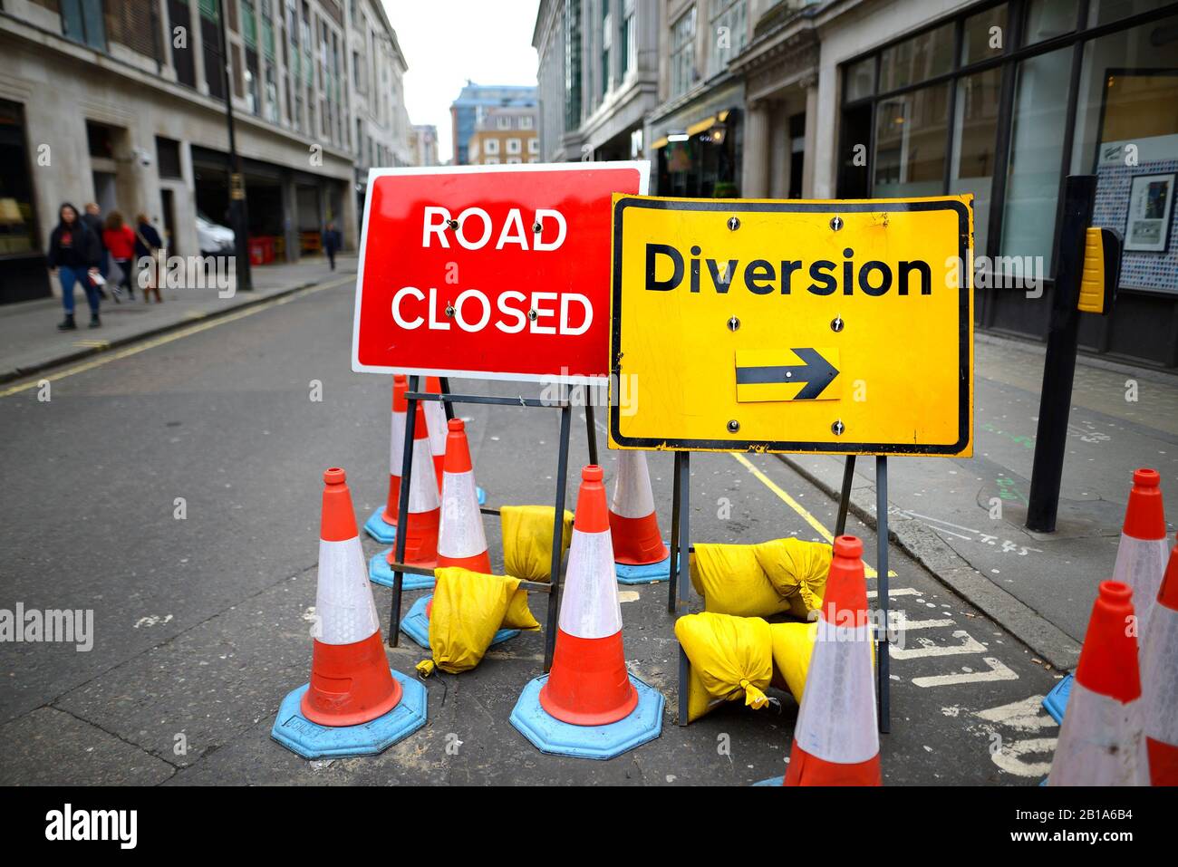 London, England, UK. Road Closed traffic signs in central London Stock Photo