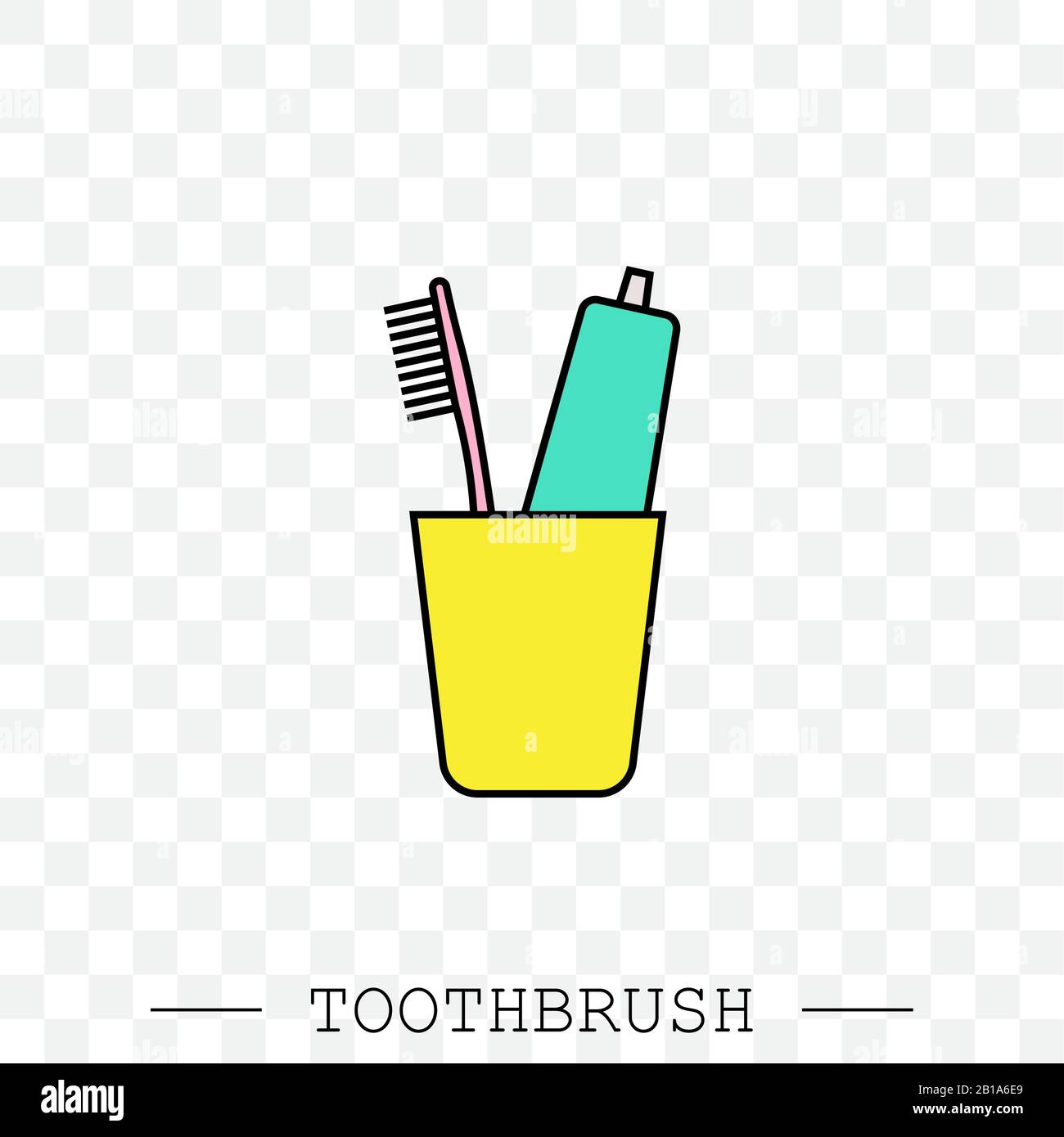 Vector color icon of toothbrush and a tube of toothpaste in glass ...