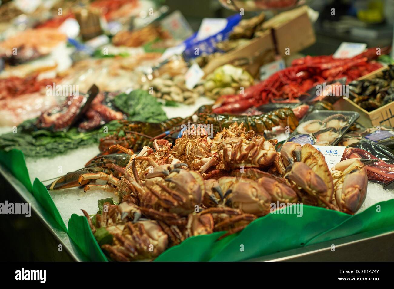 Seafood counter in Spanish food market Stock Photo Alamy