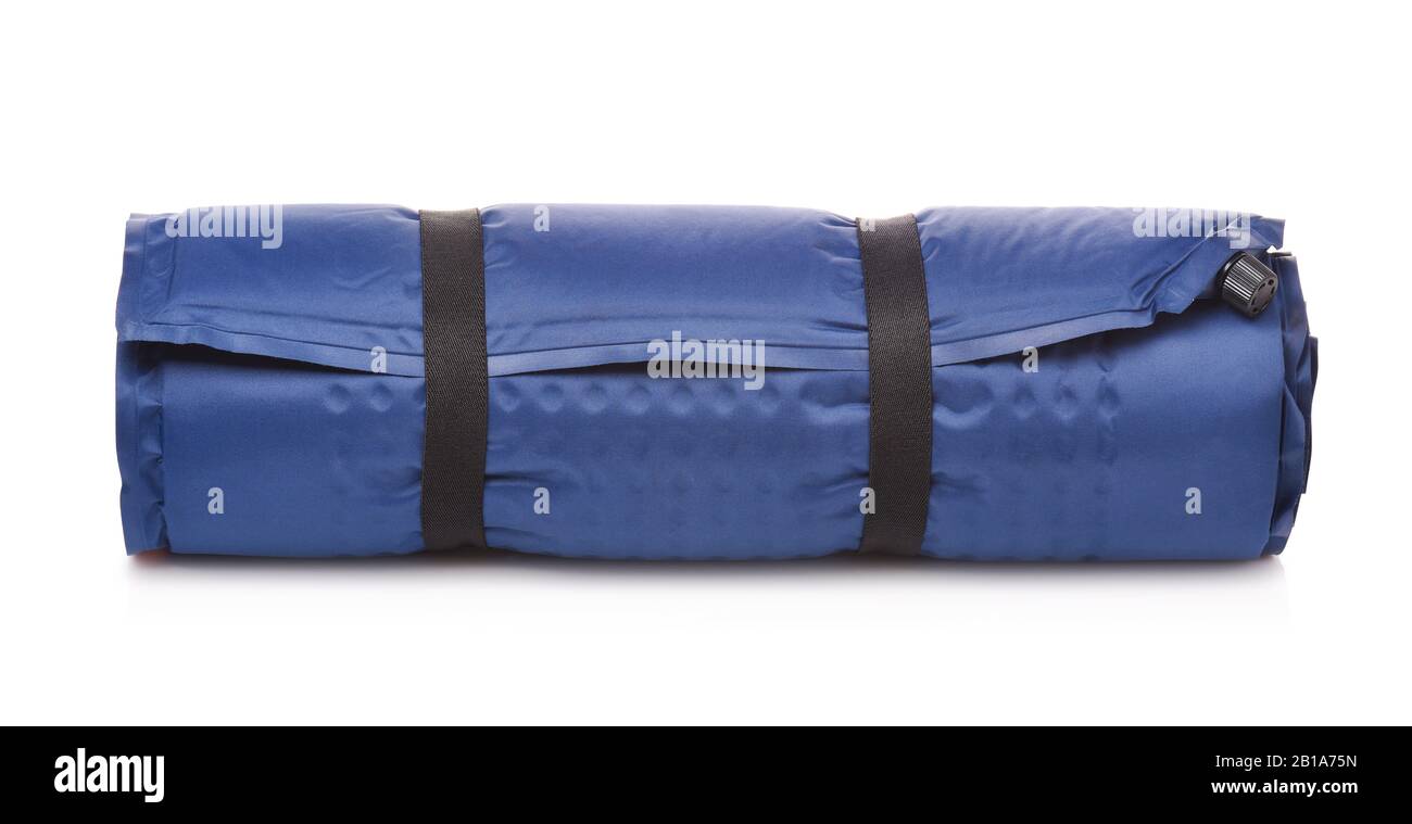 Front view of rolled blue self-inflating foam camping mattress isolated on white Stock Photo