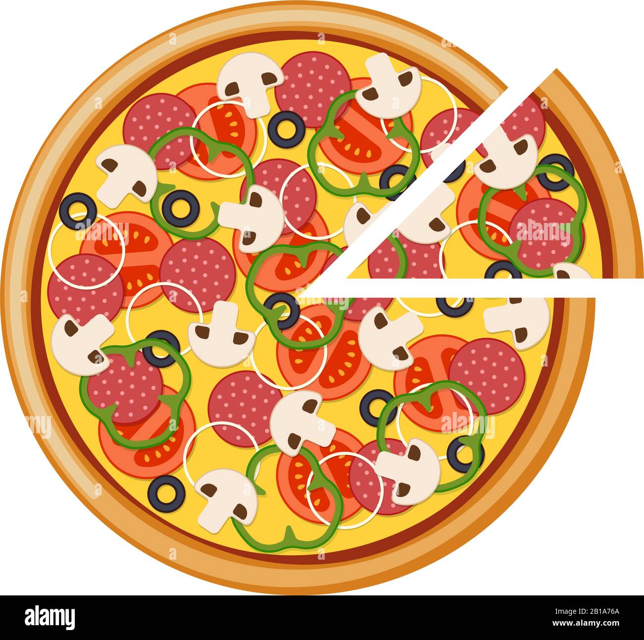 Pizza with sliced tomatoes mushrooms salami sausage onion bell pepper black olives and cheese. Italian fast food isolated vector eps illustration Stock Vector