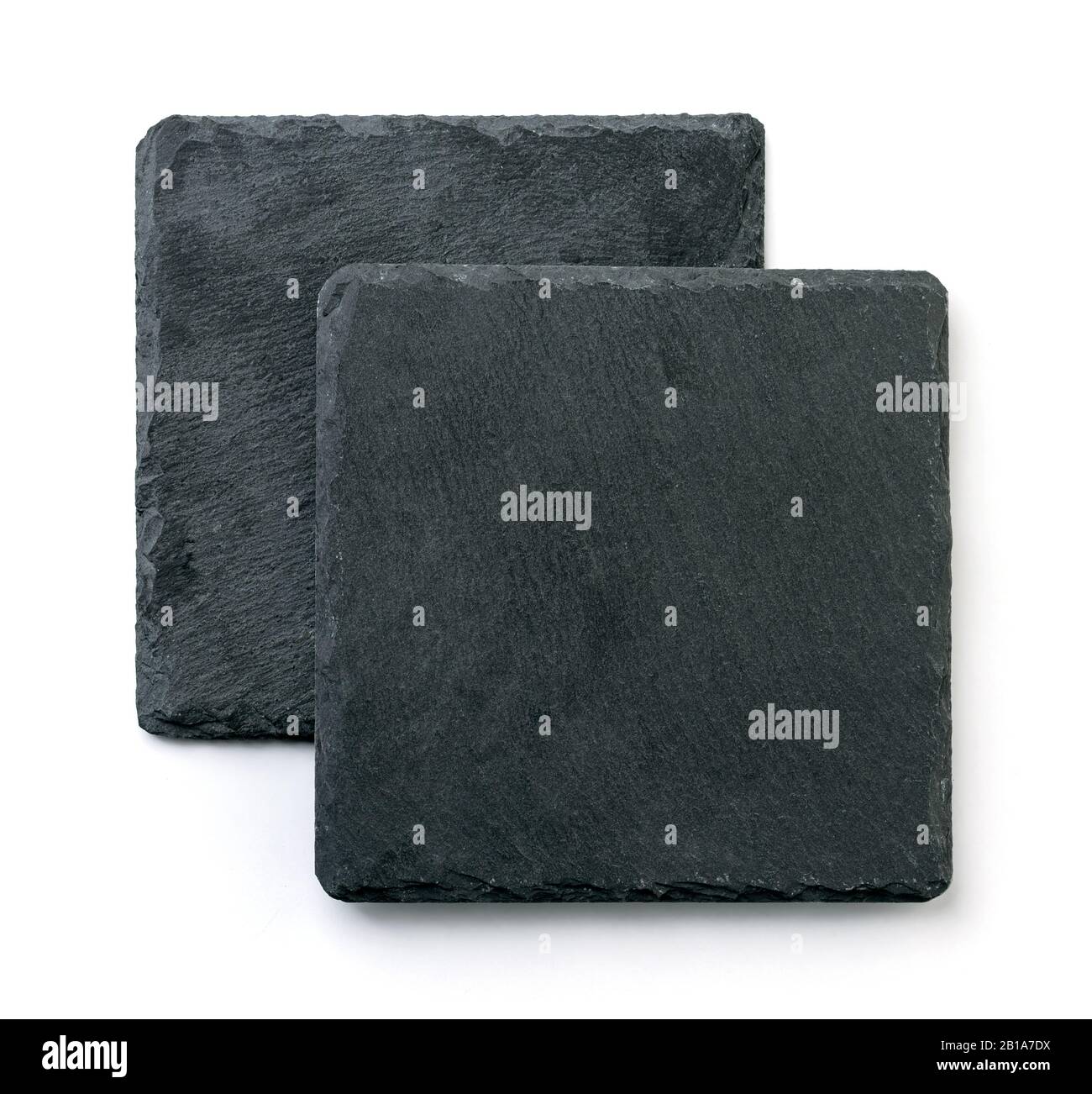 Top view of two black square empty slate stone plate isolated on white Stock Photo