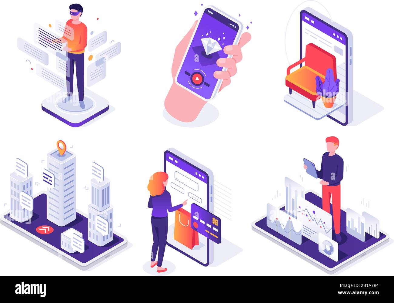 Isometric augmented reality smartphone. Mobile AR platform, virtual game and smartphones 3d navigation vector concept illustration set Stock Vector