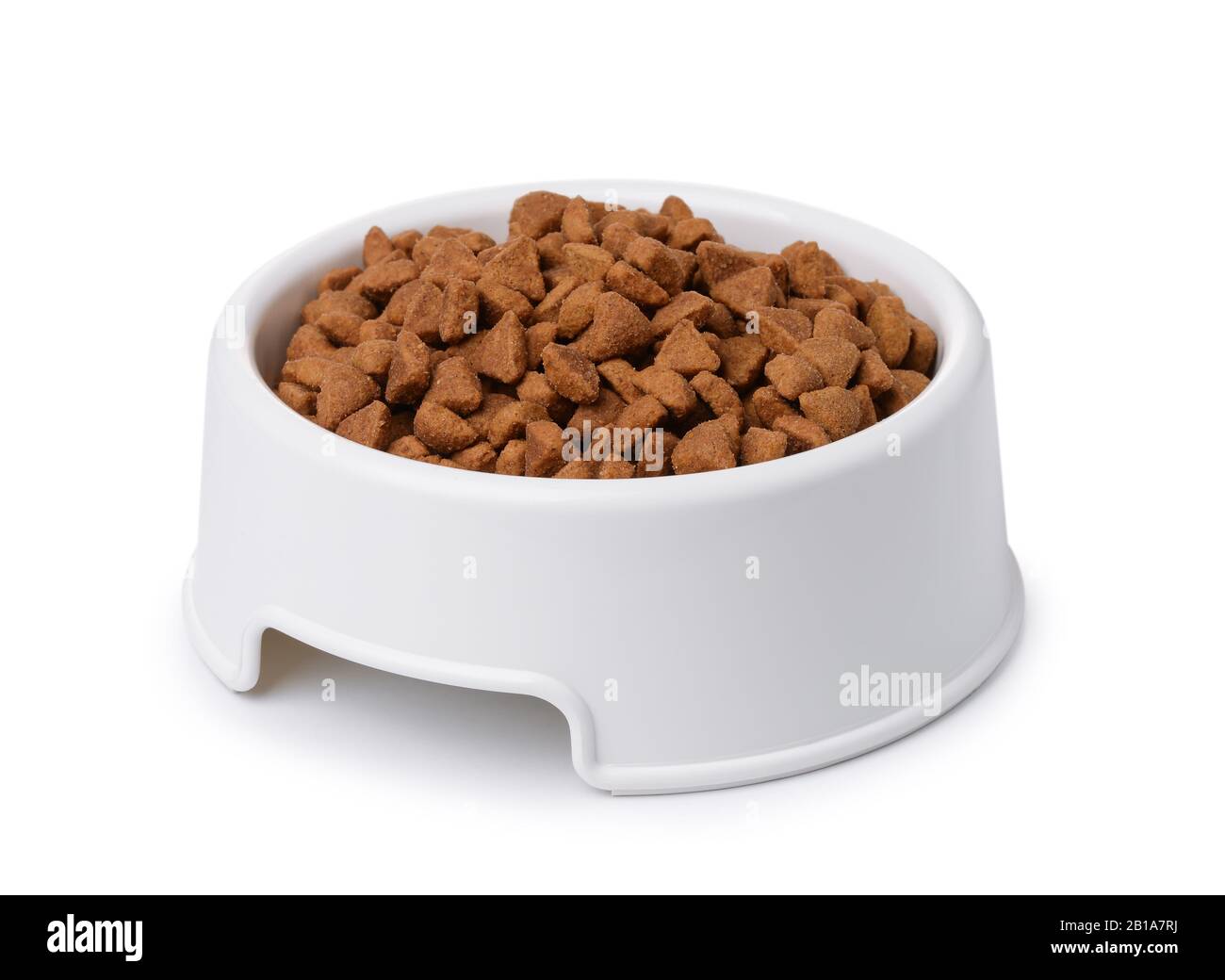Plastic bowl of dry pet food isolated on white Stock Photo