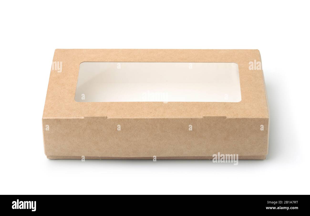 Front view of kraft paper box with transparent window isolated on white Stock Photo