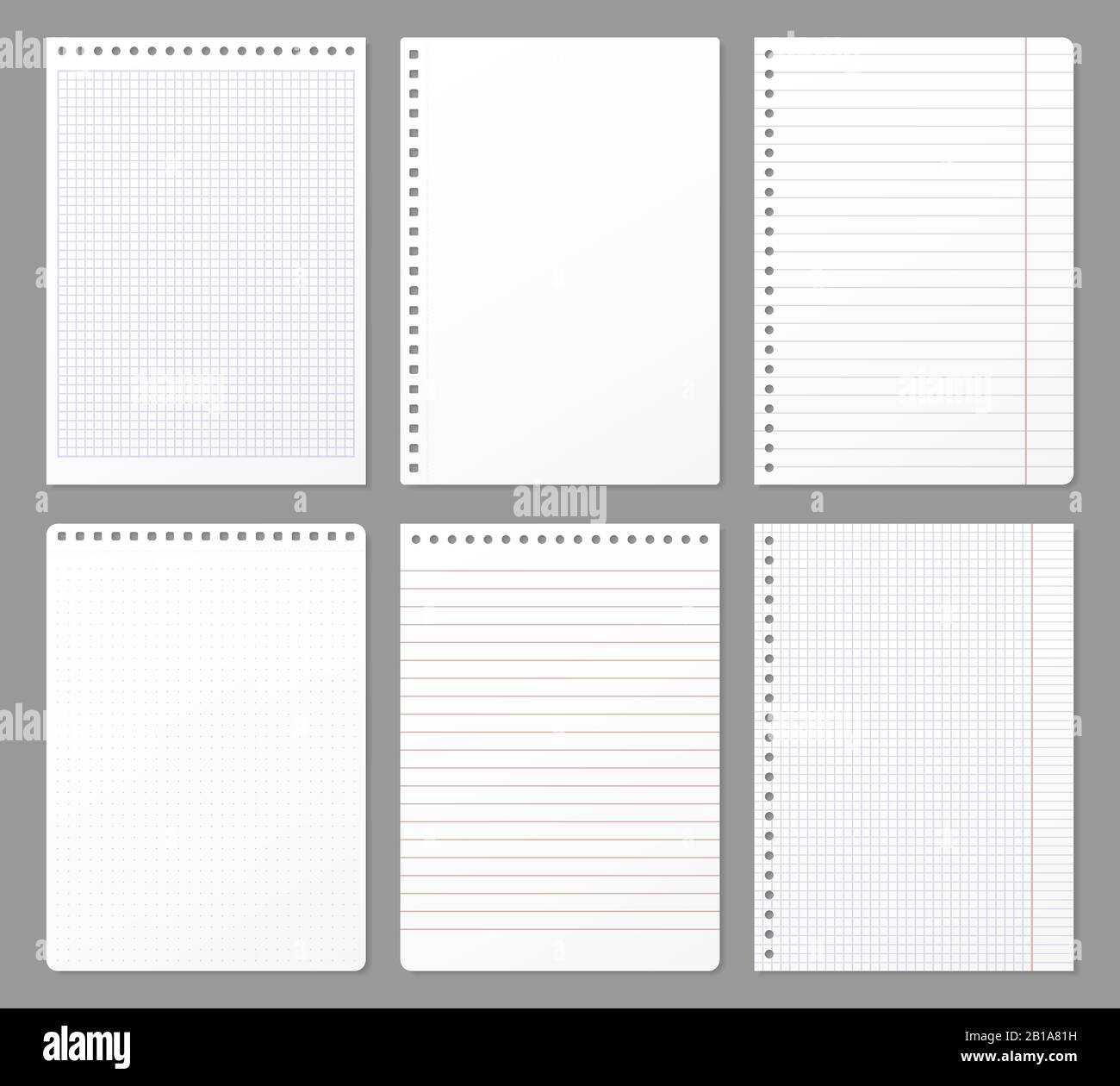 Notebook sheet. Sheets torn from notebook, paper note lined page and copybook notepad padded paper vector illustration set Stock Vector