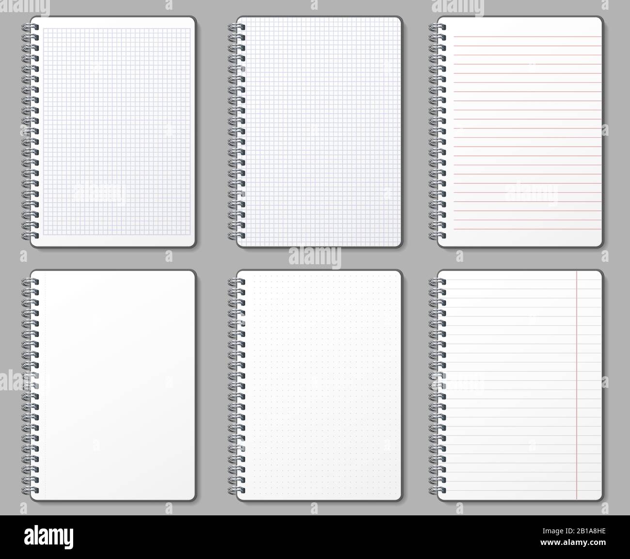 Notebook page. Lined and dotted pages, notebooks binded on metal spiral and padded sheet mockup template vector illustration set Stock Vector