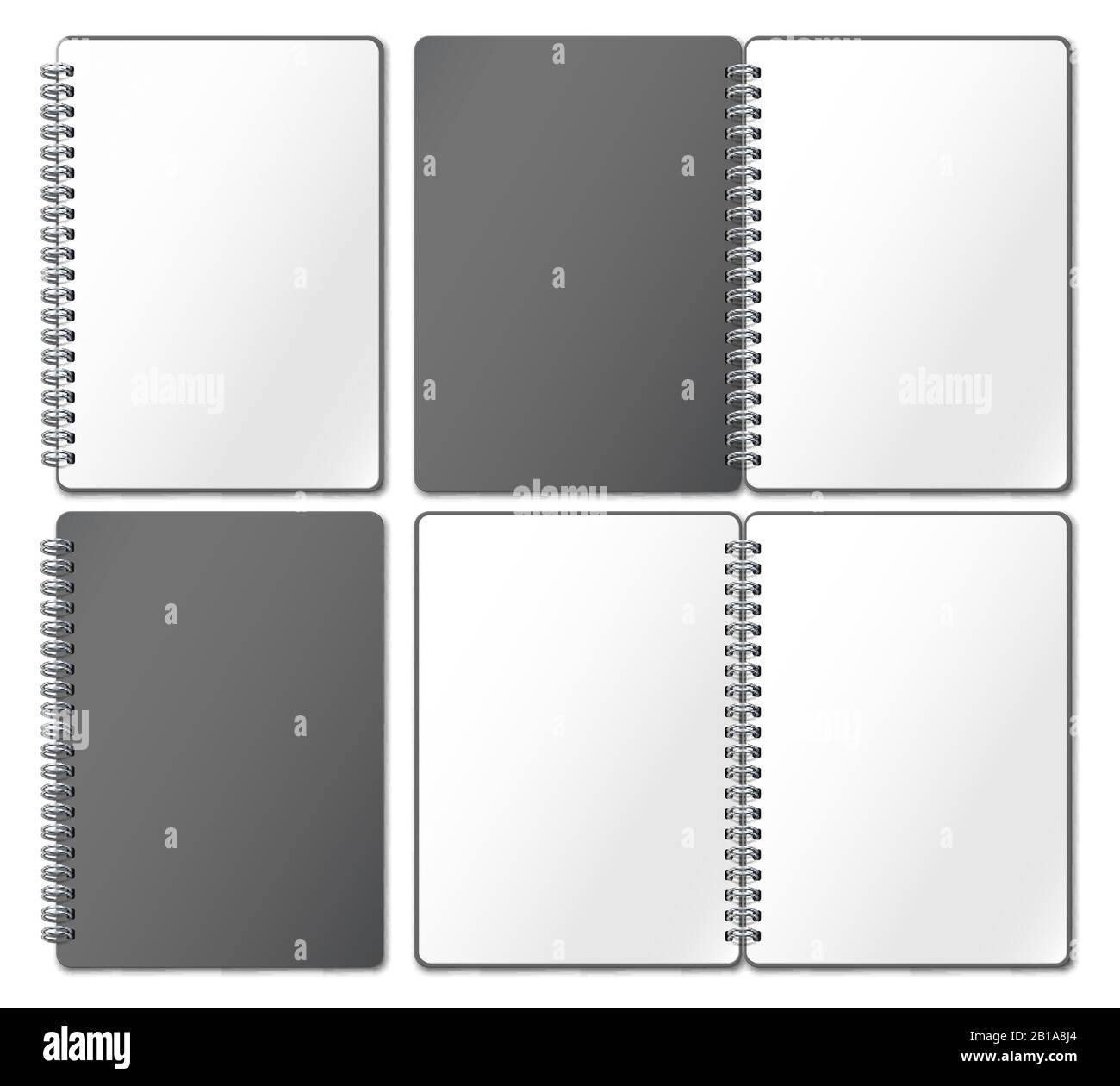 Notebook mockup. Empty copybook, notebooks pages binded on metal spiral and open bound sketchbook realistic 3d vector illustration Stock Vector