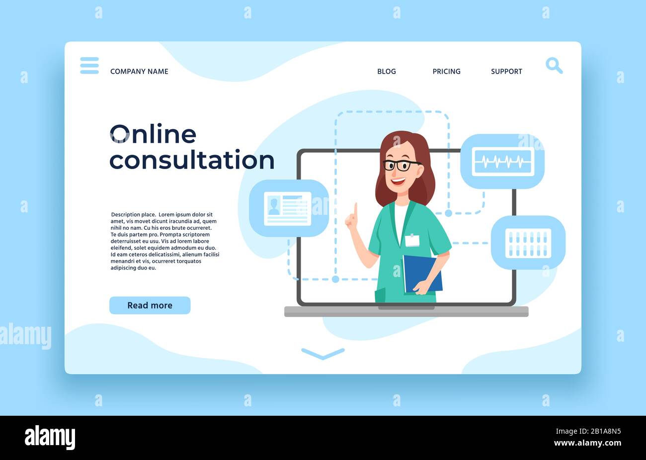 Online doctor consultation. Patient health consultation, online medical help and doctors meeting landing page vector illustration Stock Vector