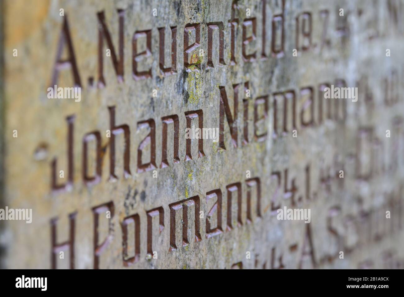 Westoverledingen, Germany. 24th Feb, 2020. The name of the deputy commander of the former extermination camp Sobibor, Johann Niemann, is written on a monument. (to dpa "SS man on monument in East Frisia causes discussion") Credit: Mohssen Assanimoghaddam/dpa/Alamy Live News Stock Photo