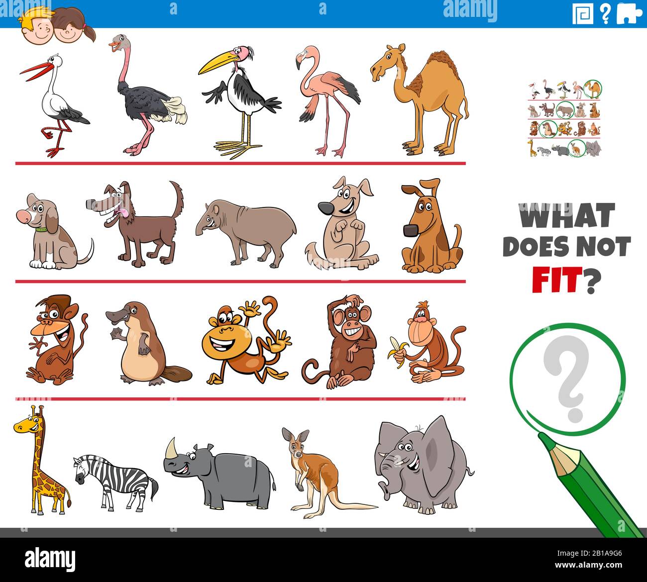 Cartoon Illustration of Finding Picture that does not Fit in a Row  Educational Task for Elementary Age or Preschool Children with Animals  Stock Vector Image & Art - Alamy