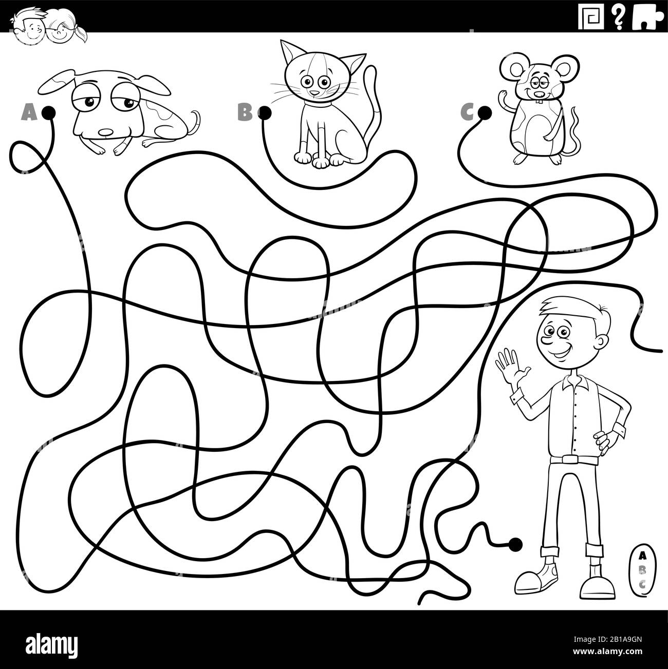 Black and White Cartoon Illustration of Lines Maze Puzzle Game with Boy and Cute Pets Characters Coloring Book Page Stock Vector