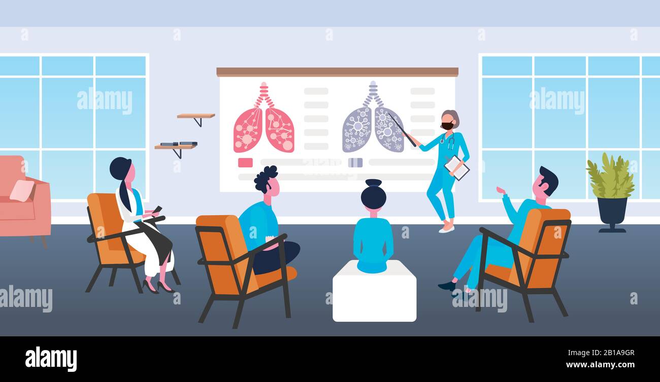 doctor showing injured lungs with coronavirus symptoms on medical board presentation for medical workers in conference room epidemic MERS-CoV virus wuhan 2019-nCoV horizontal full length vector illustration Stock Vector