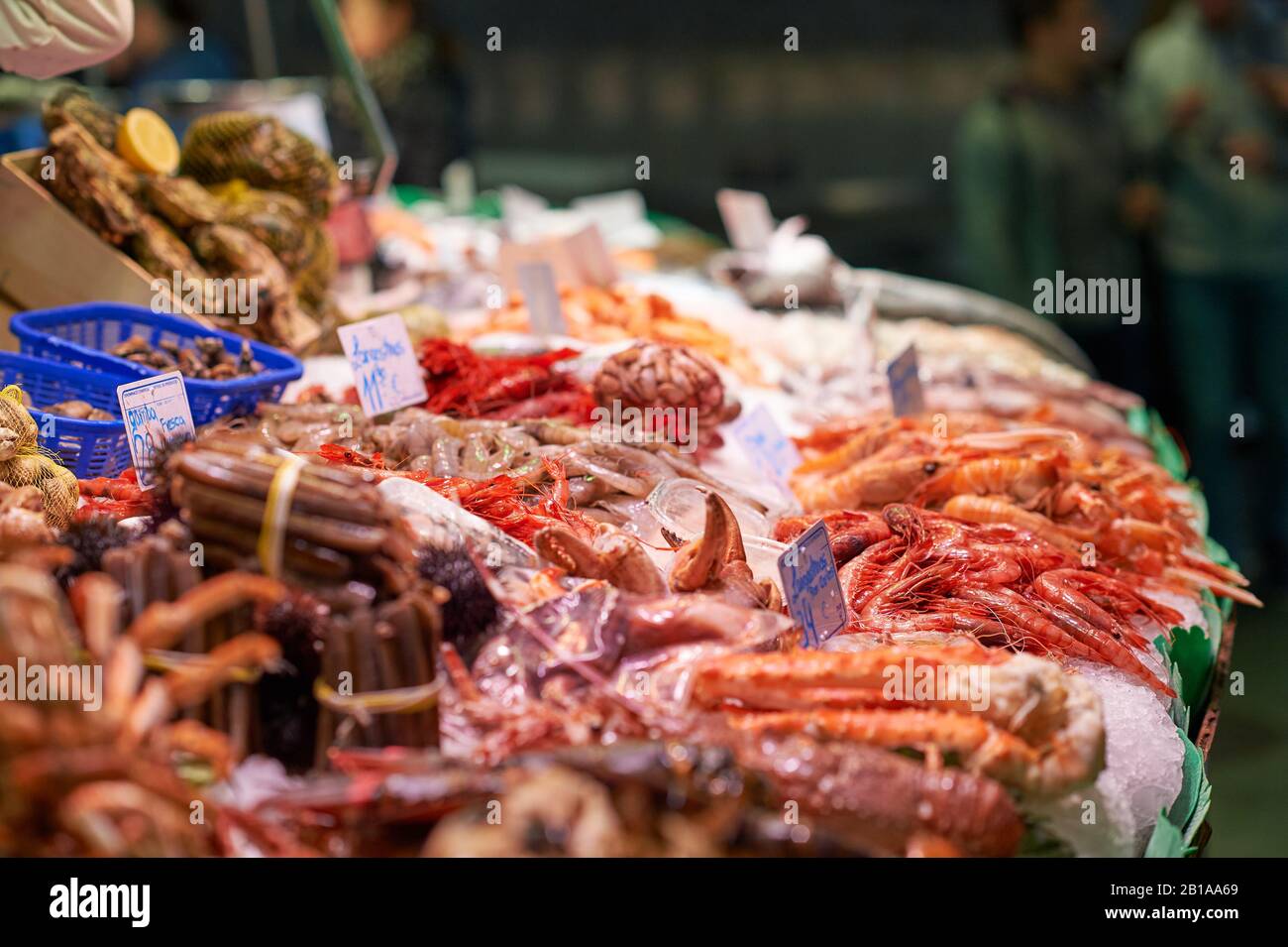 Seafood counter in Spanish food market Stock Photo Alamy