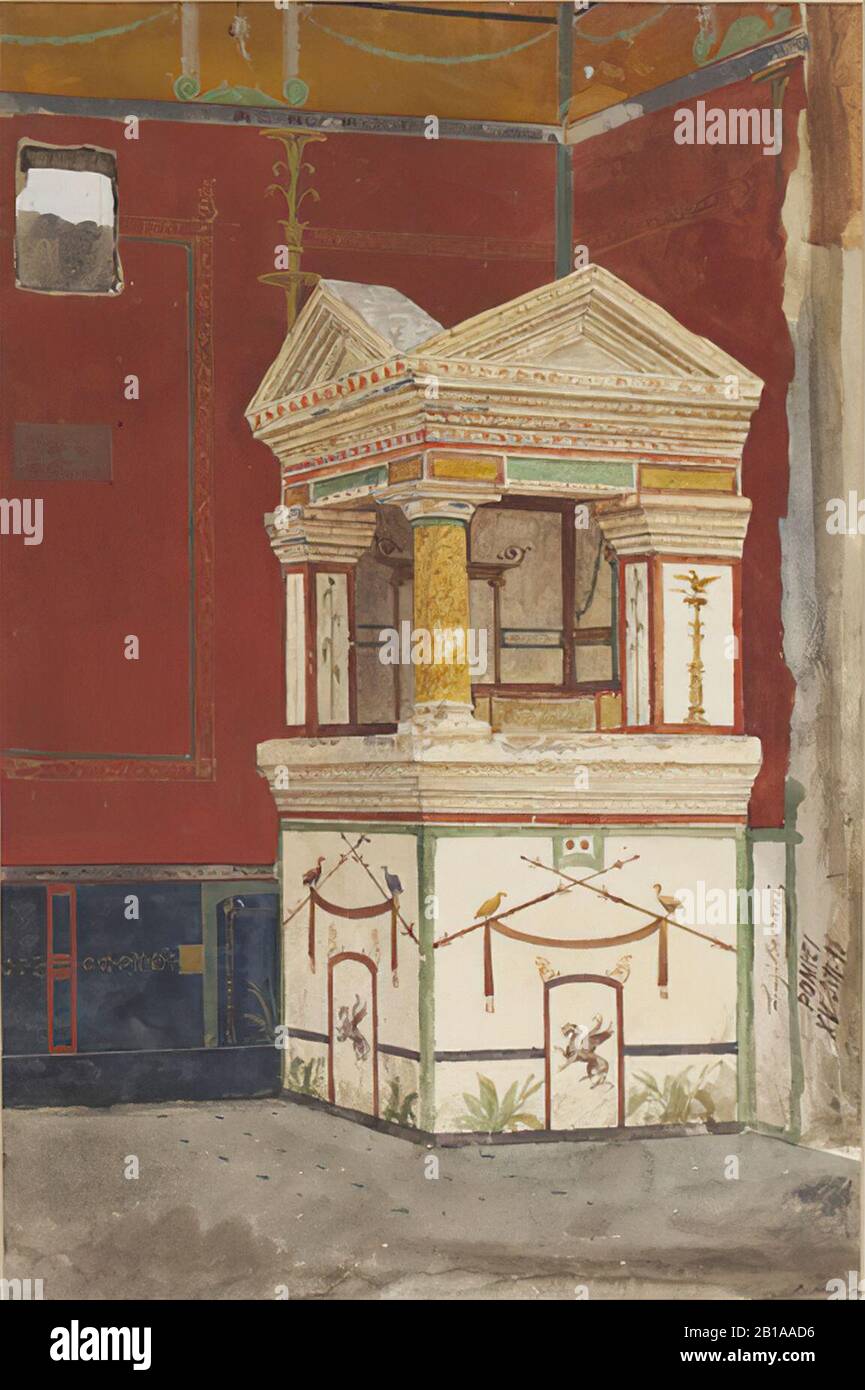 Frescoed and columned lararium in Pompeii watercolor by Luigi Bazzani. Stock Photo