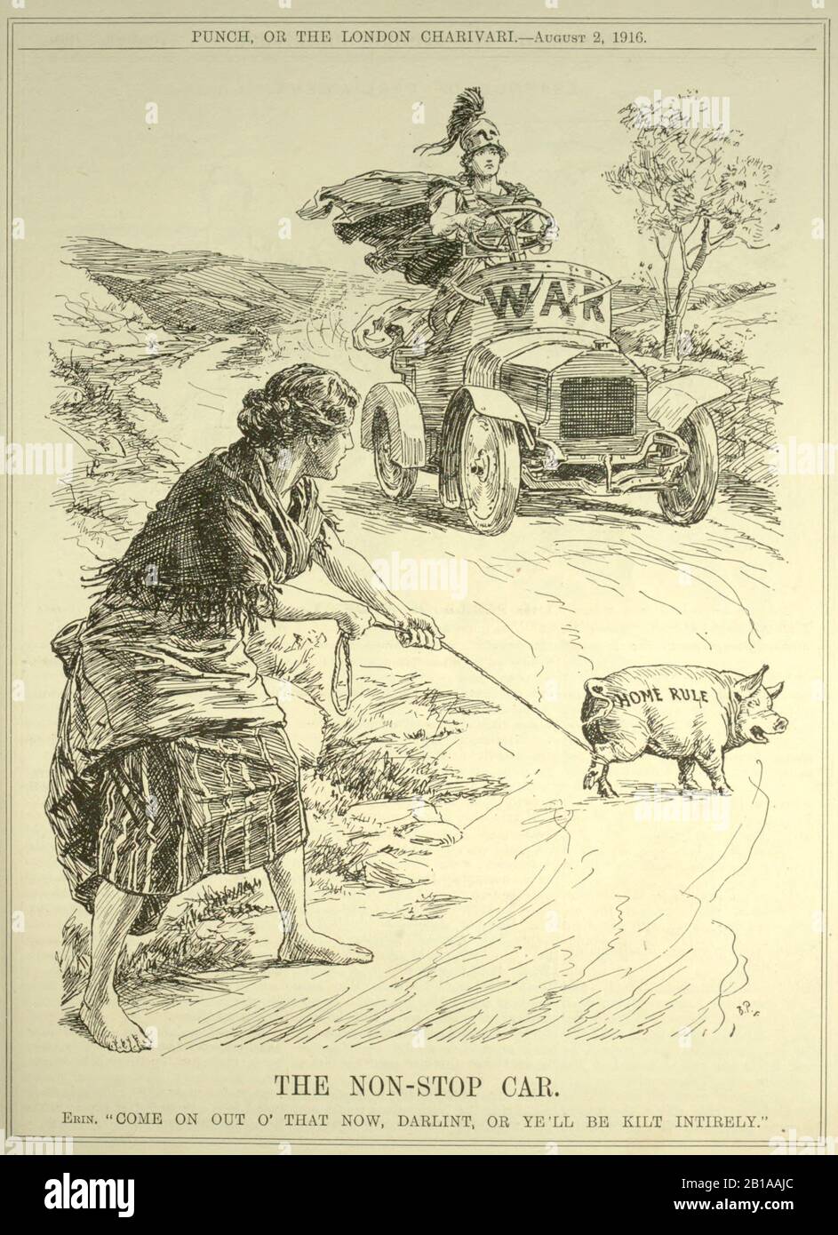 The Non-stop Car. Punch 1916. Bernard Partridge 1861-1945. The cartoon implies that if Irish actions regarding home rule interfered with the first world war then they would be stopped. Stock Photo