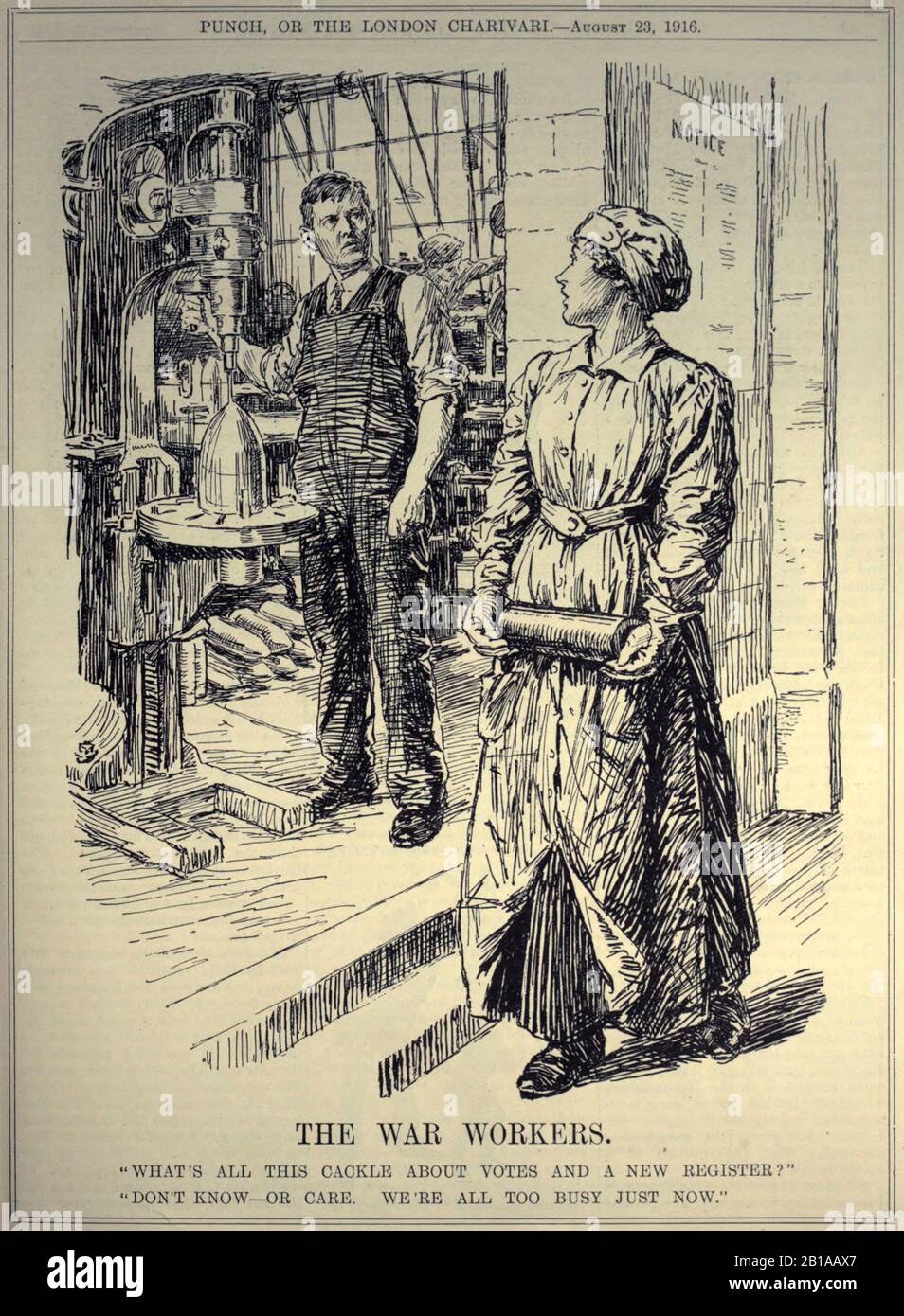 The War Workers. Punch 1916. Artist: Bernard Partridge 1861-1945. Suffragette activity in the UK was suspended during WW1 Stock Photo