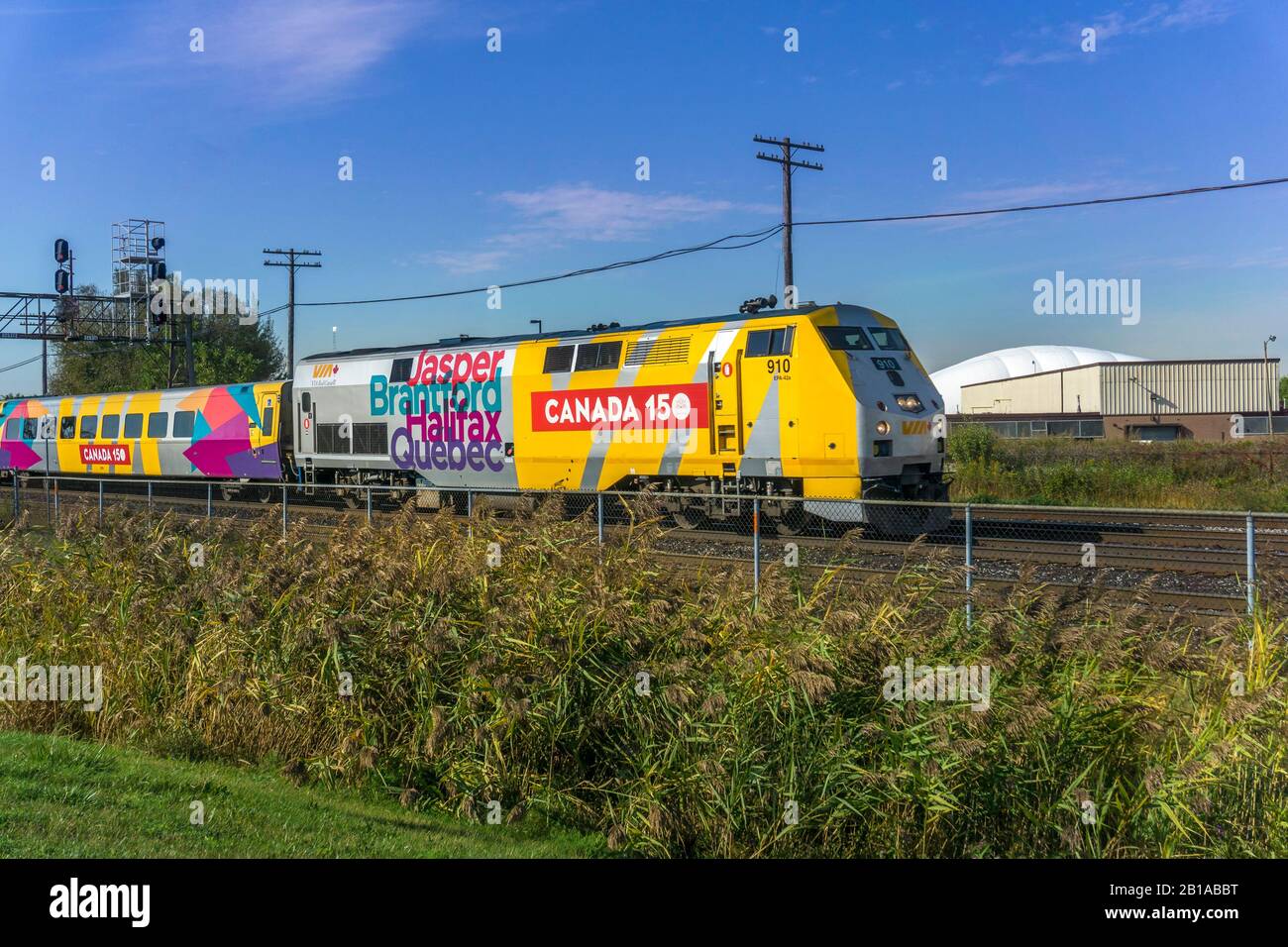Scarborough, Ontario, Oct 2017 - A Via Rail train approaching Scarborough station  Stock Photo