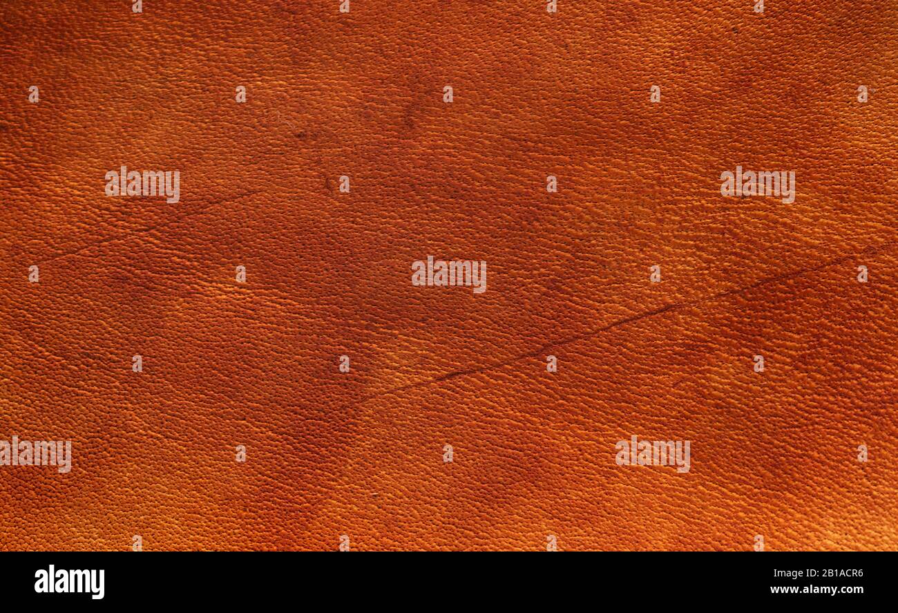 Orange nut brown vegetable tanned leather closeup full frame macro texture showing top grain and wear scratch marks Stock Photo