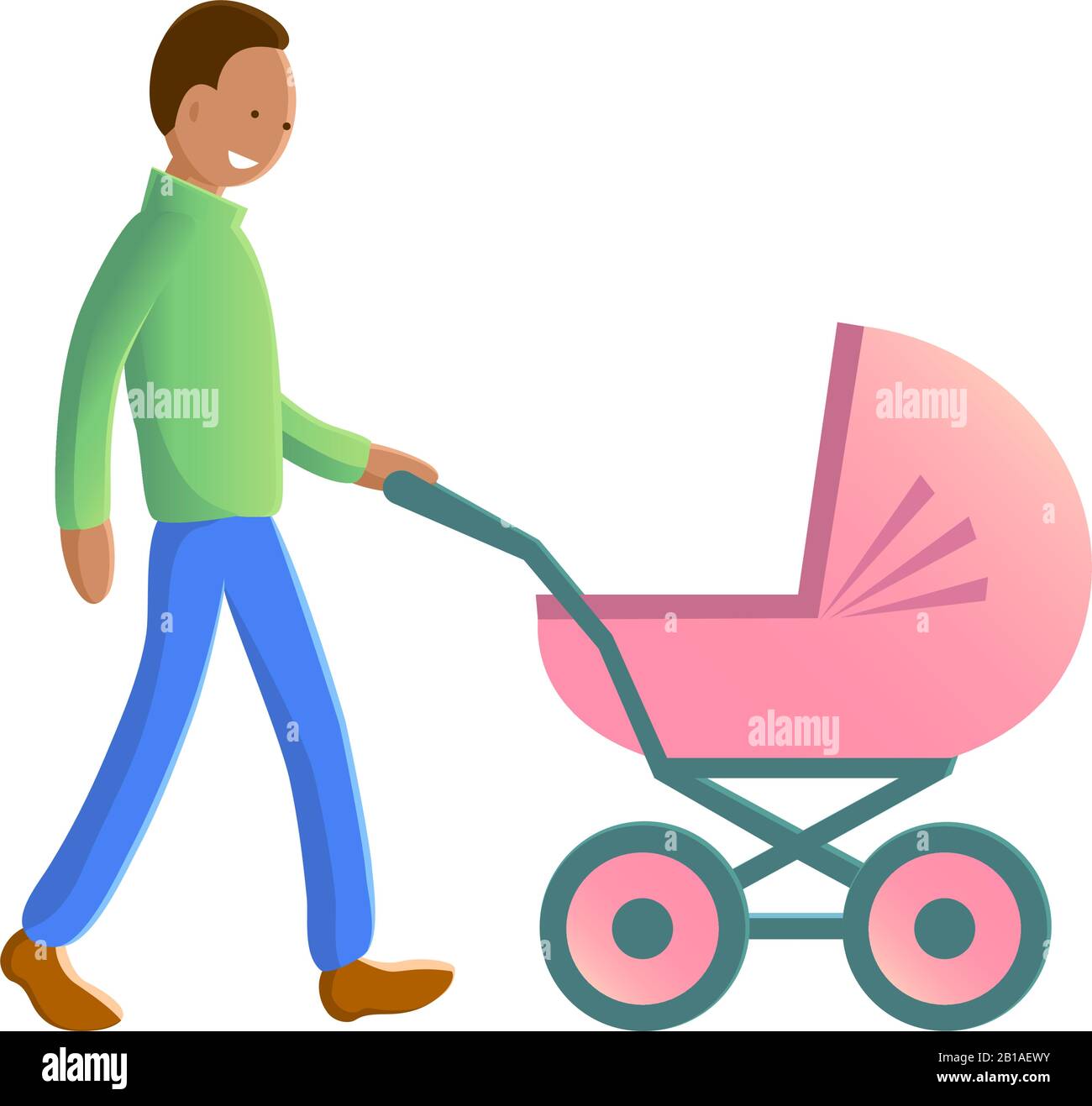 Happy father African American walks with a blue baby classic stroller. Dressed in a warm sweater and jeans. Side view. Cartoon vector isolated illustr Stock Vector