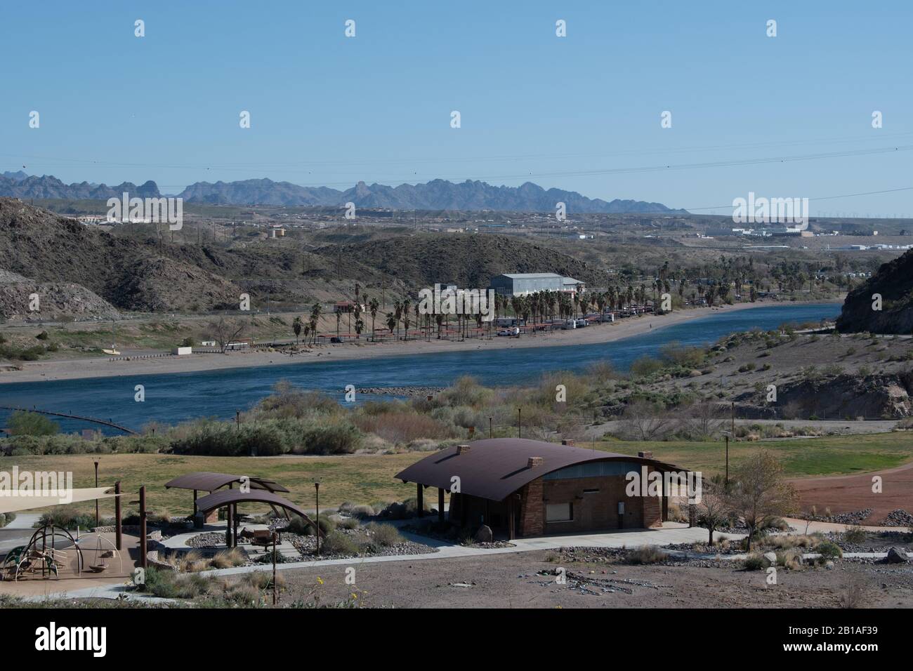 Davis Dam on the Colorado River forms Lake Mohave, near Laughlin NV Stock Photo