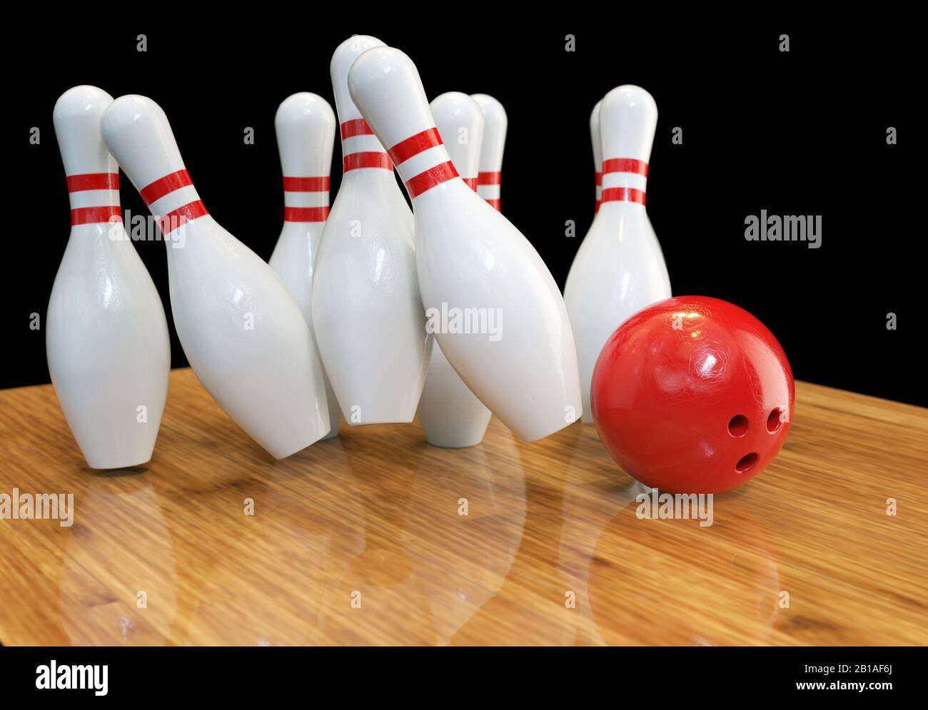Image of scattered skittles and bowling ball on wooden floor, 3d rendering. Stock Photo