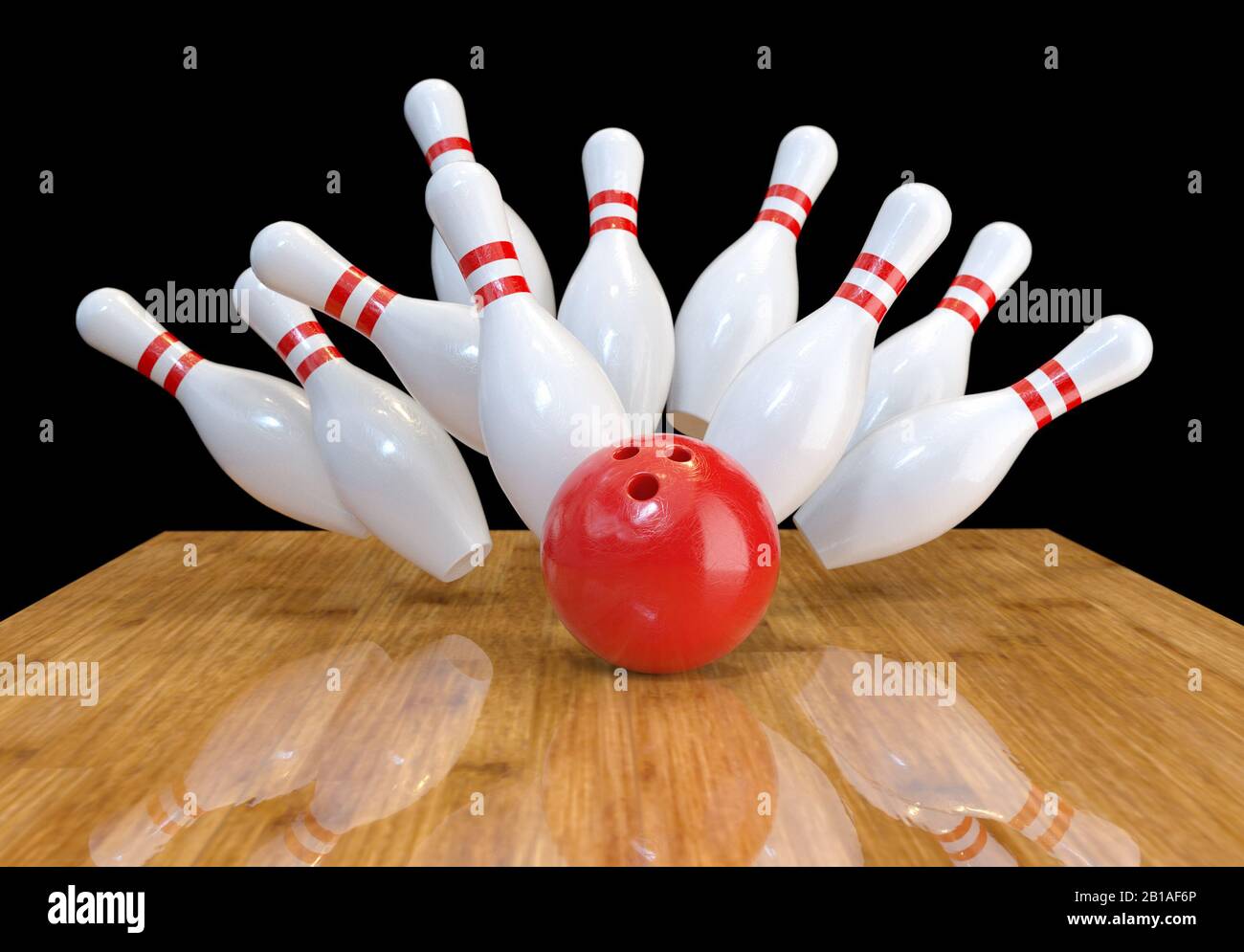 Image of scattered skittles and bowling ball on wooden floor, 3d rendering. Stock Photo