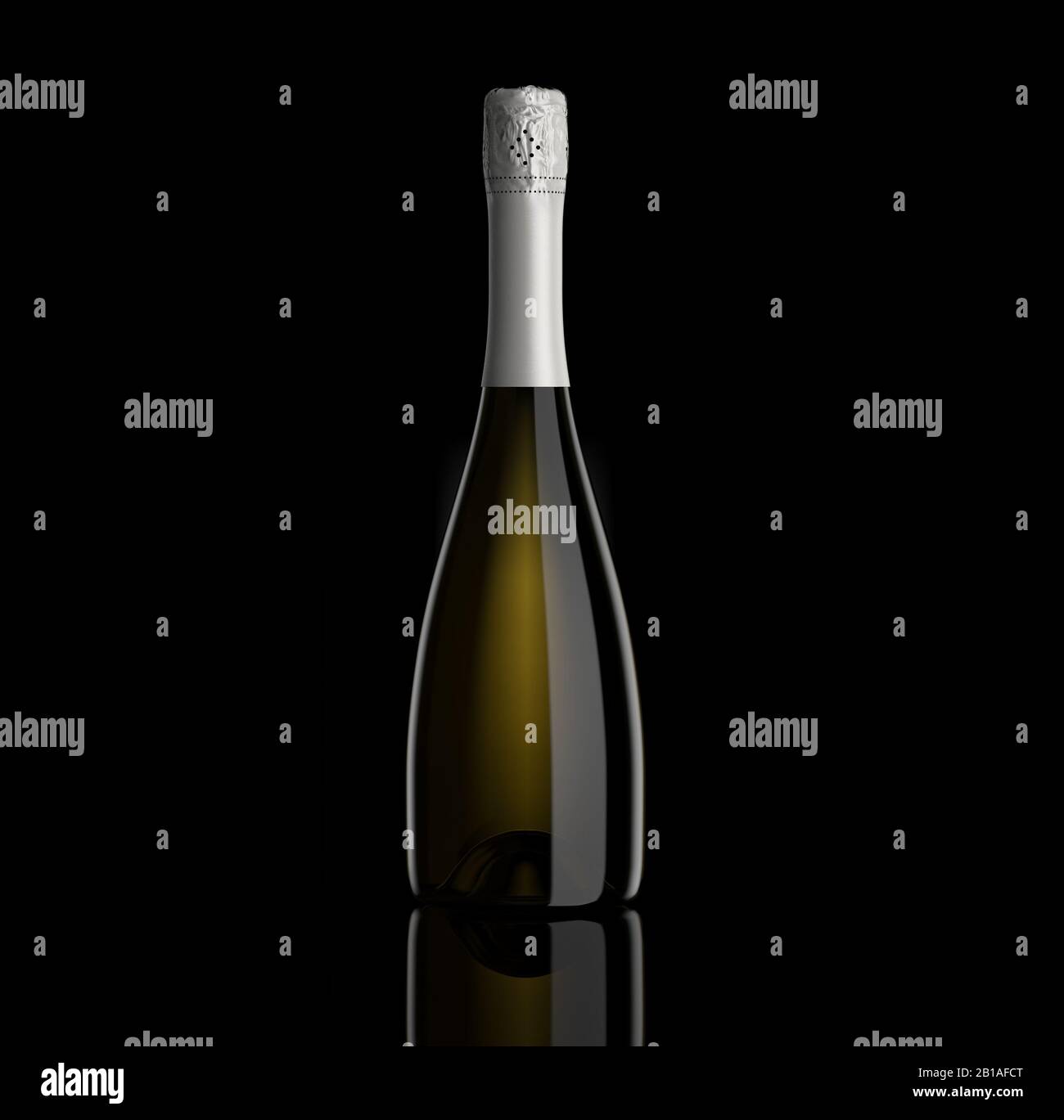 Sparkling white wine bottle, champagne bottle on black background, for mockup, packshot, 3d rendering. Stock Photo