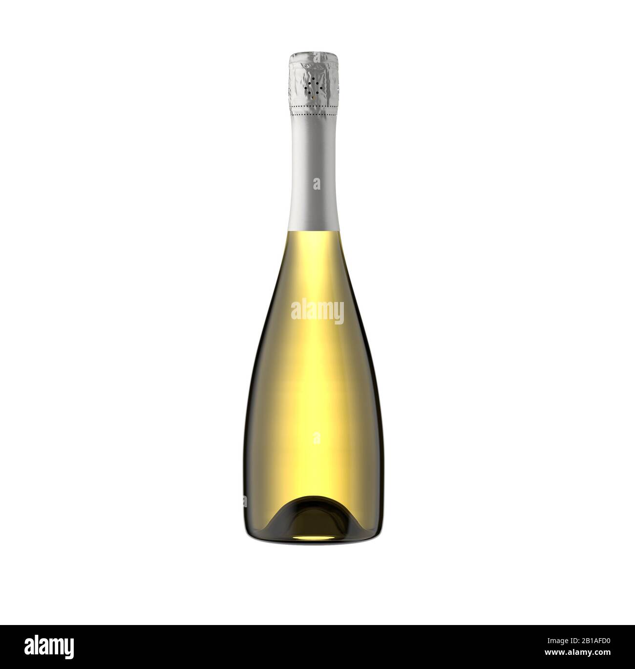 Sparkling white wine bottle, champagne bottle isolated on white background, for mockup, packshot, 3d rendering. Stock Photo