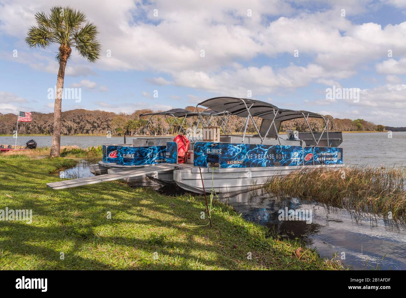 FLW Bass Fishing Tournament Catch and Release Pontoon Stock Photo