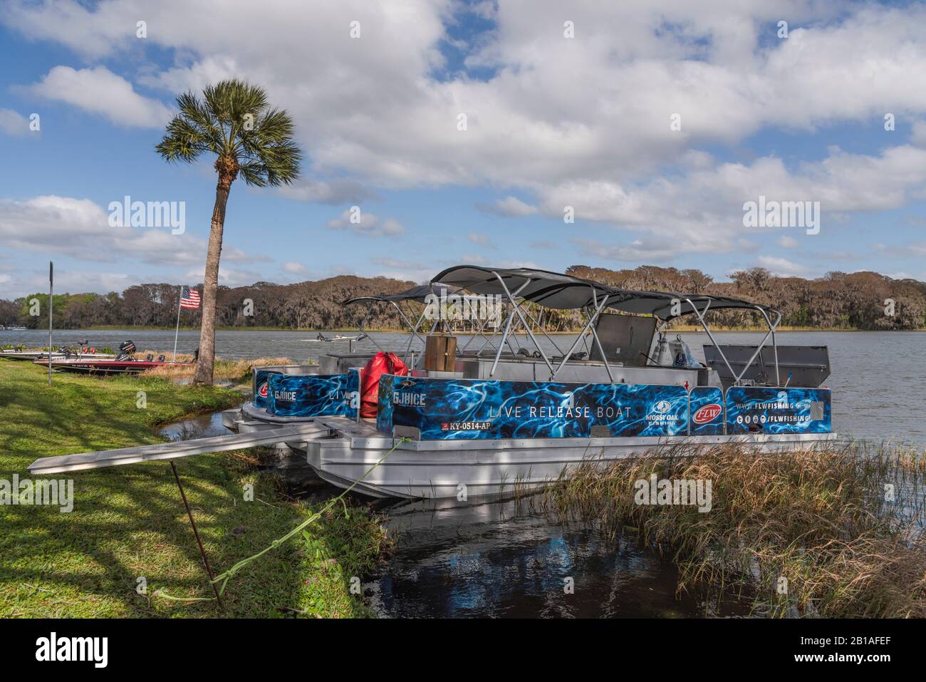 FLW Bass Fishing Tournament Catch and Release Pontoon Stock Photo