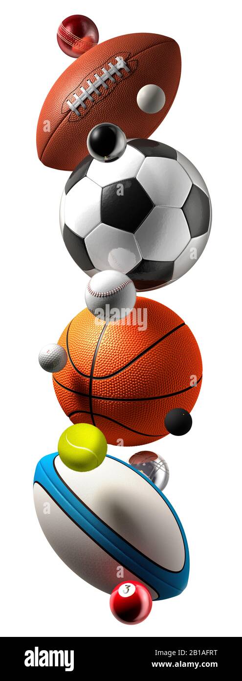 Balls of many sports cut out floating on a white background Stock Photo