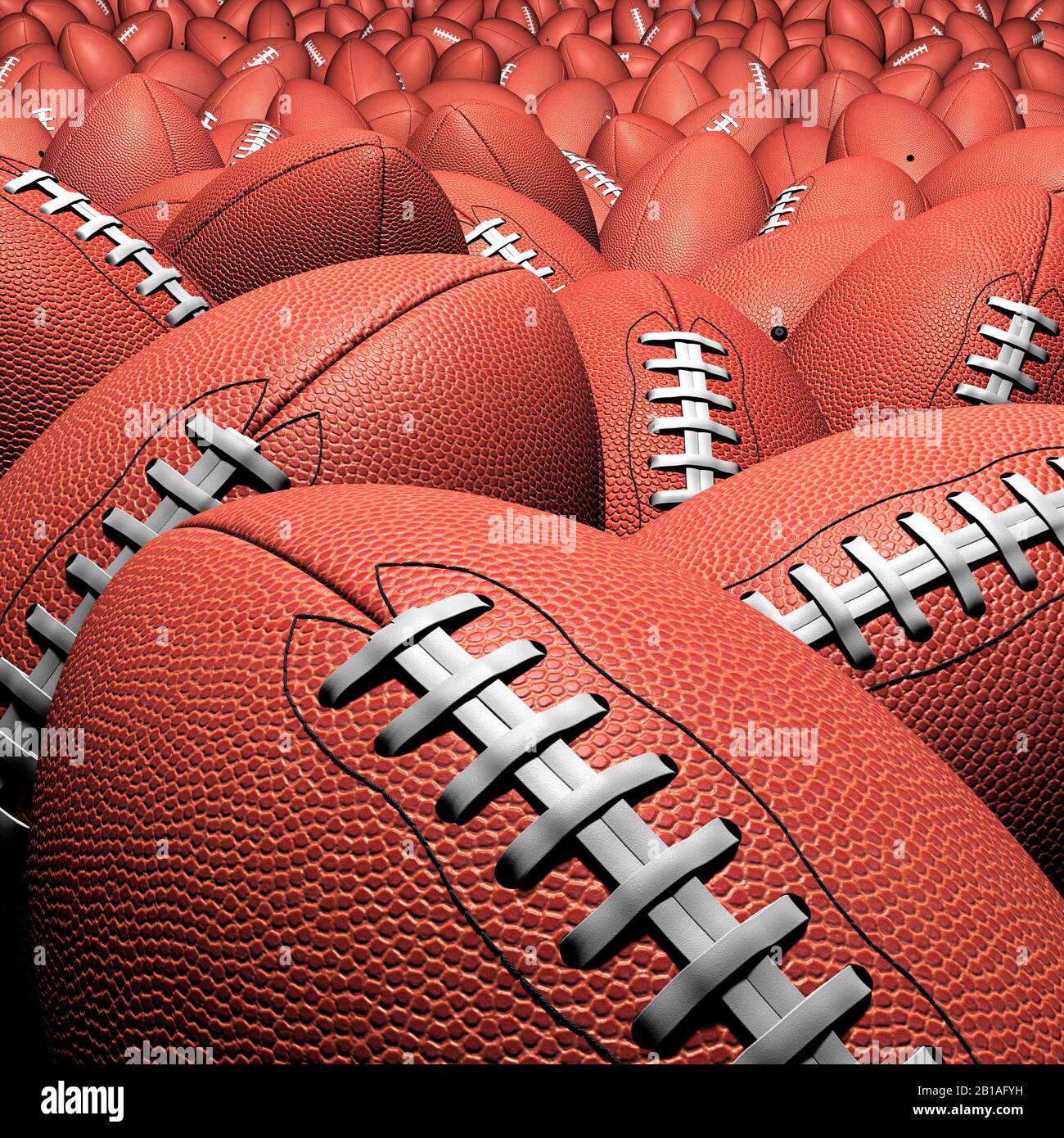 American football. US, gridiron, multiple balls stretching into infinity Americana. Close up, Isolated. Pigskin leather, laces Stock Photo
