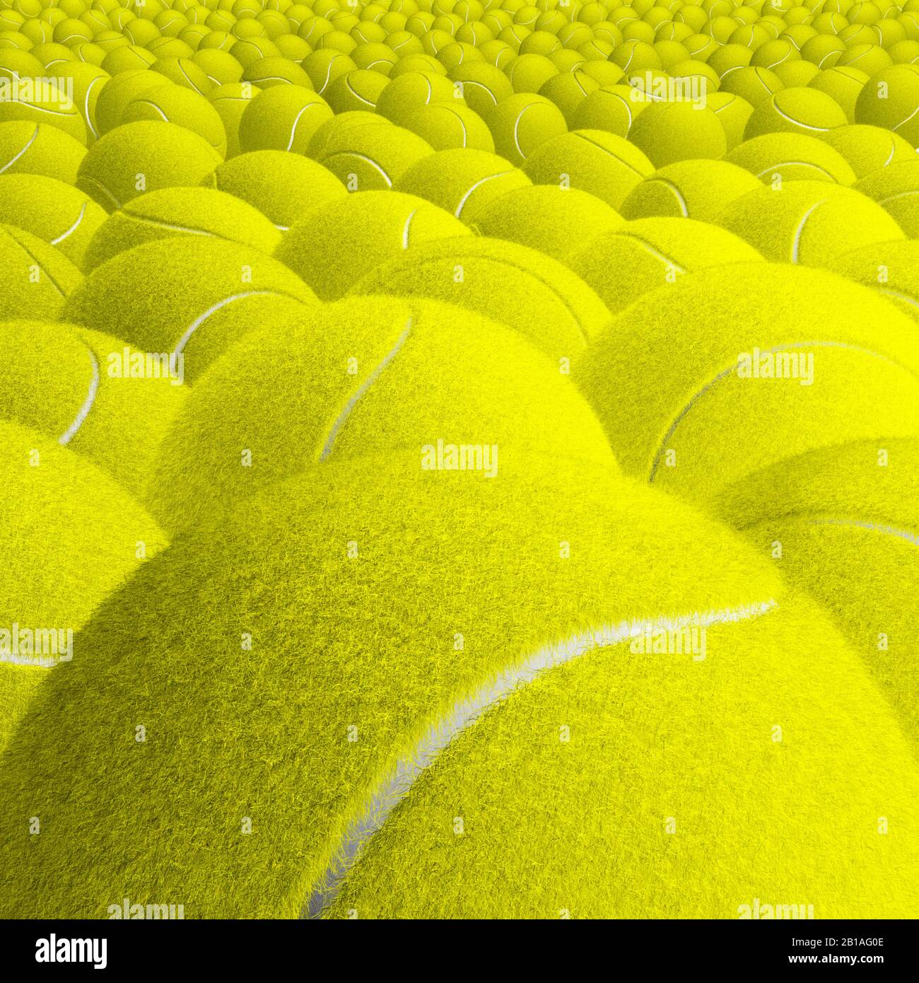Tennis ball close up. Balls stretching into the distance. Clean and new. Fur texture. full frame. Studio shot. Stock Photo