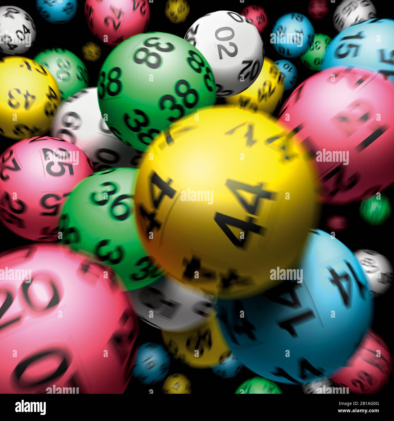Lottery ball balls falling Chance, luck, gambling wealth money. Lotto, Motion Blur. Close up black background. bouncing 44 Stock Photo