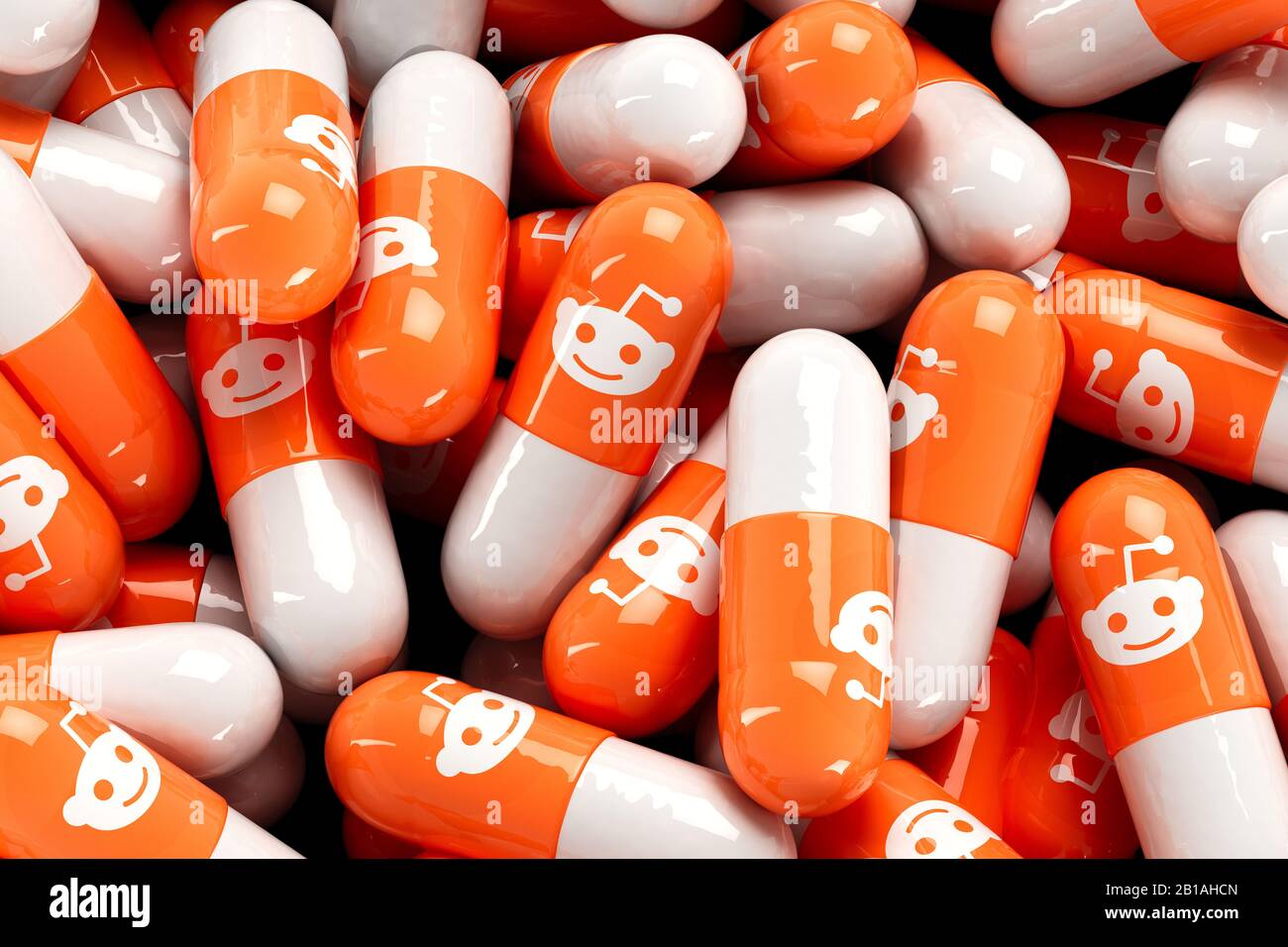 NEW YORK CITY, NEW YORK, USA - FEBRUARY 21 2020: 3D Illustration of capsules of social news aggregation, web content rating and discussion website Red Stock Photo