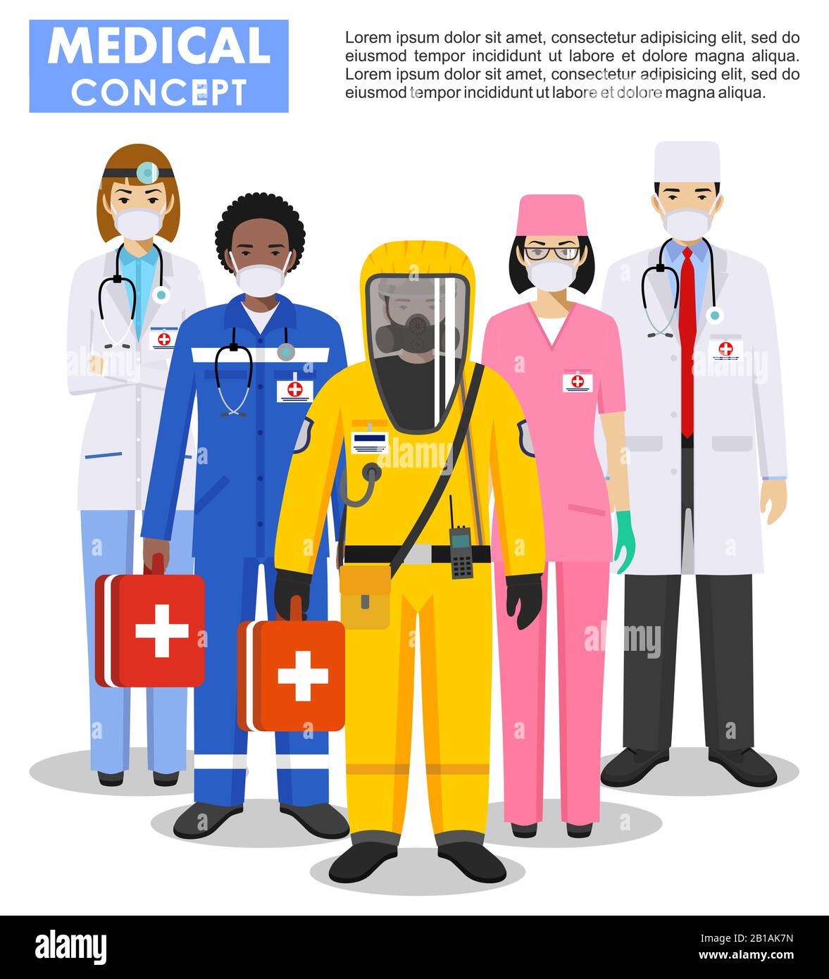 Medical concept. Detailed illustration of doctor and nurses in protective suit and mask in flat style. Dangerous profession. Virus, infection Stock Vector