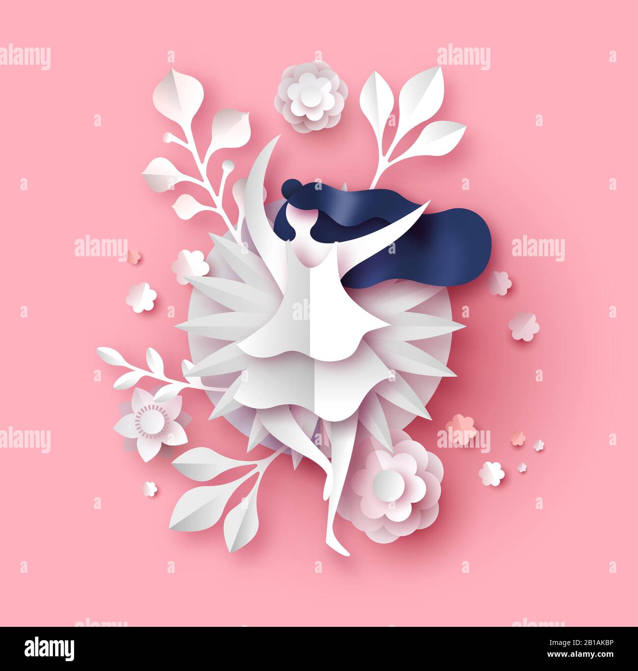 Papercut flower bouquet illustration with beautiful dancing woman on isolated pink background. Spring season 3d paper craft template includes nature p Stock Vector