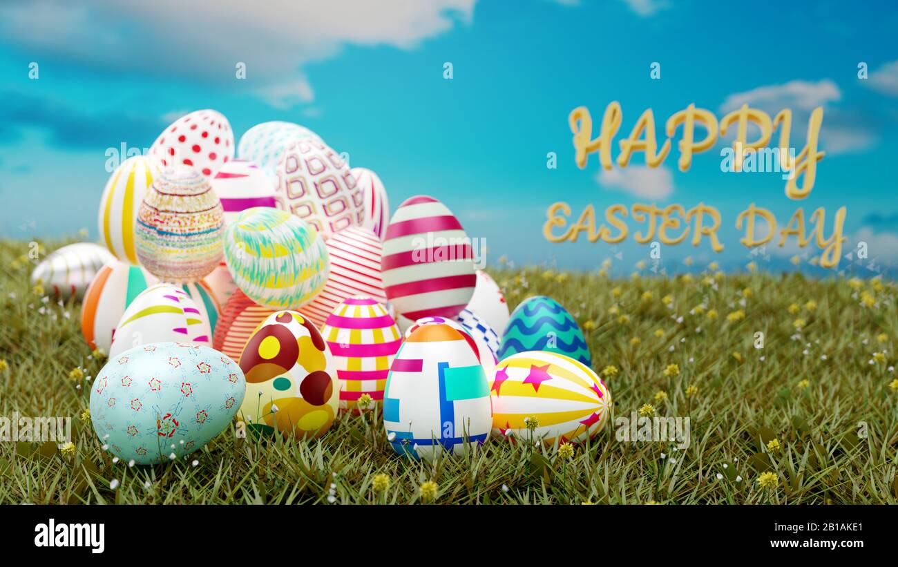 Set of colorful easter eggs place on green grass with text on blue sky ...