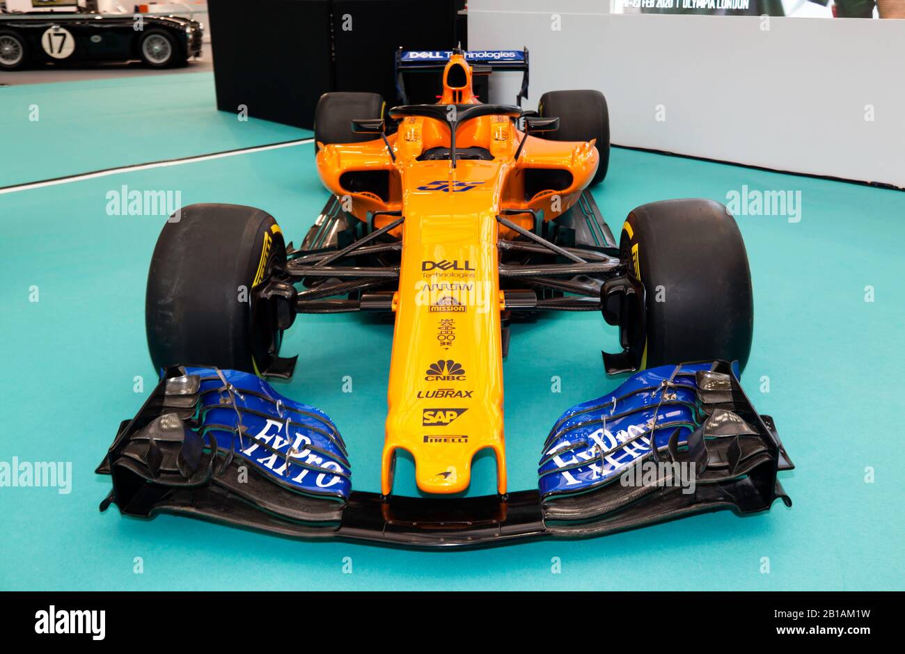 Rear view of Carlos Sainz Jr, 2019, McLaren MCL34 Formula 1 Car, on display at the Car Stories Stage, as part of 'A Tribute to Bruce McLaren' Stock Photo