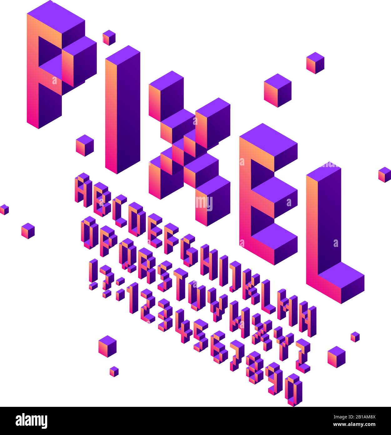 Isometric pixel art font. Arcade game fonts alphabet, retro gaming cubic typographic lettering sign and pixels numbers vector set Stock Vector