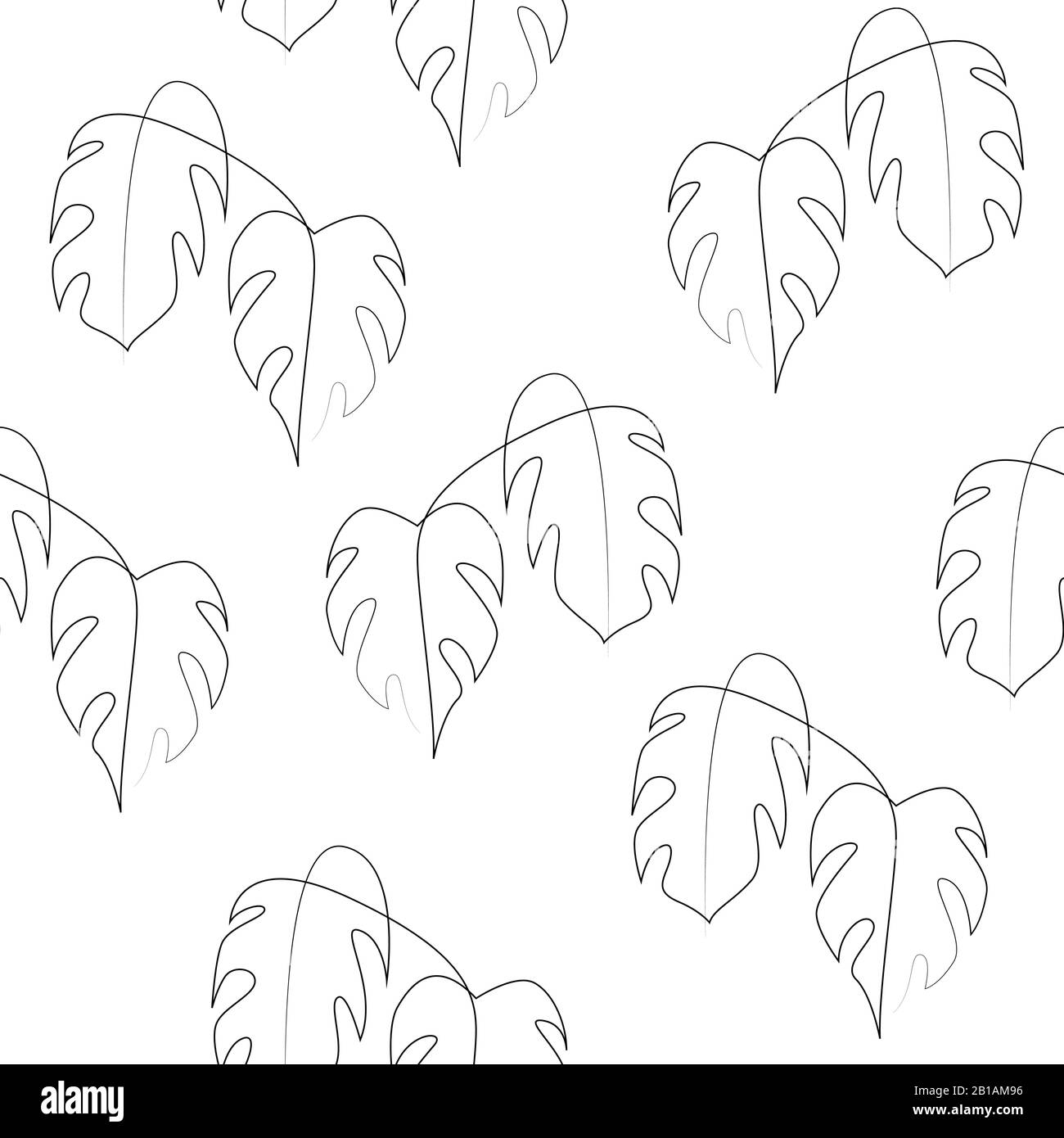 Continuous line monstera leaf seamless pattern. Tropical leaves contour background. One line outline illustration isolated on white. Modern Minimalist Stock Vector