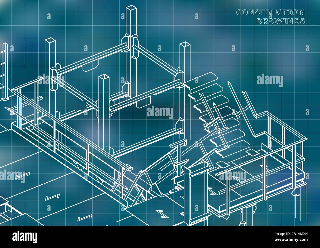 Building. Metal constructions. Volumetric constructions. Blue background. Grid Stock Vector